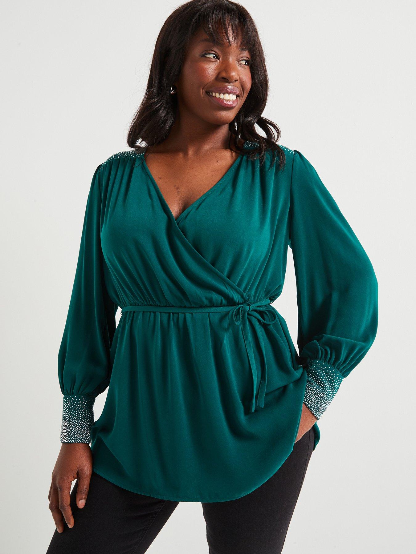 undefined Embellished Cuff  &  Shoulder Wrap Blouse - Green