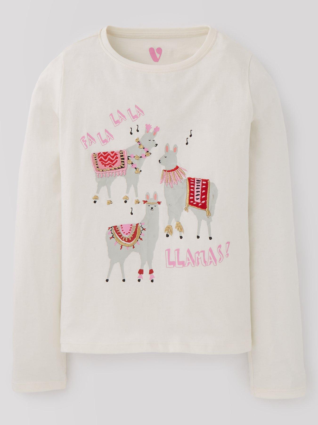 V by Very Girls Christmas Llama Single T-Shirt, Cream, Size Age: 10 Years