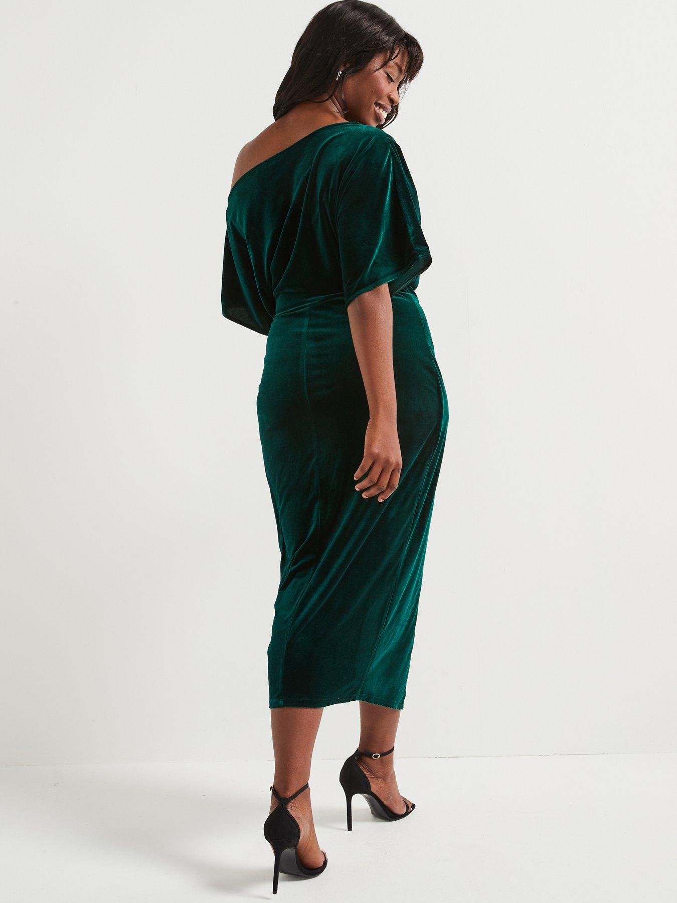 V by Very Curve Off The Shoulder Stretch Velvet Midi Dress Green Very