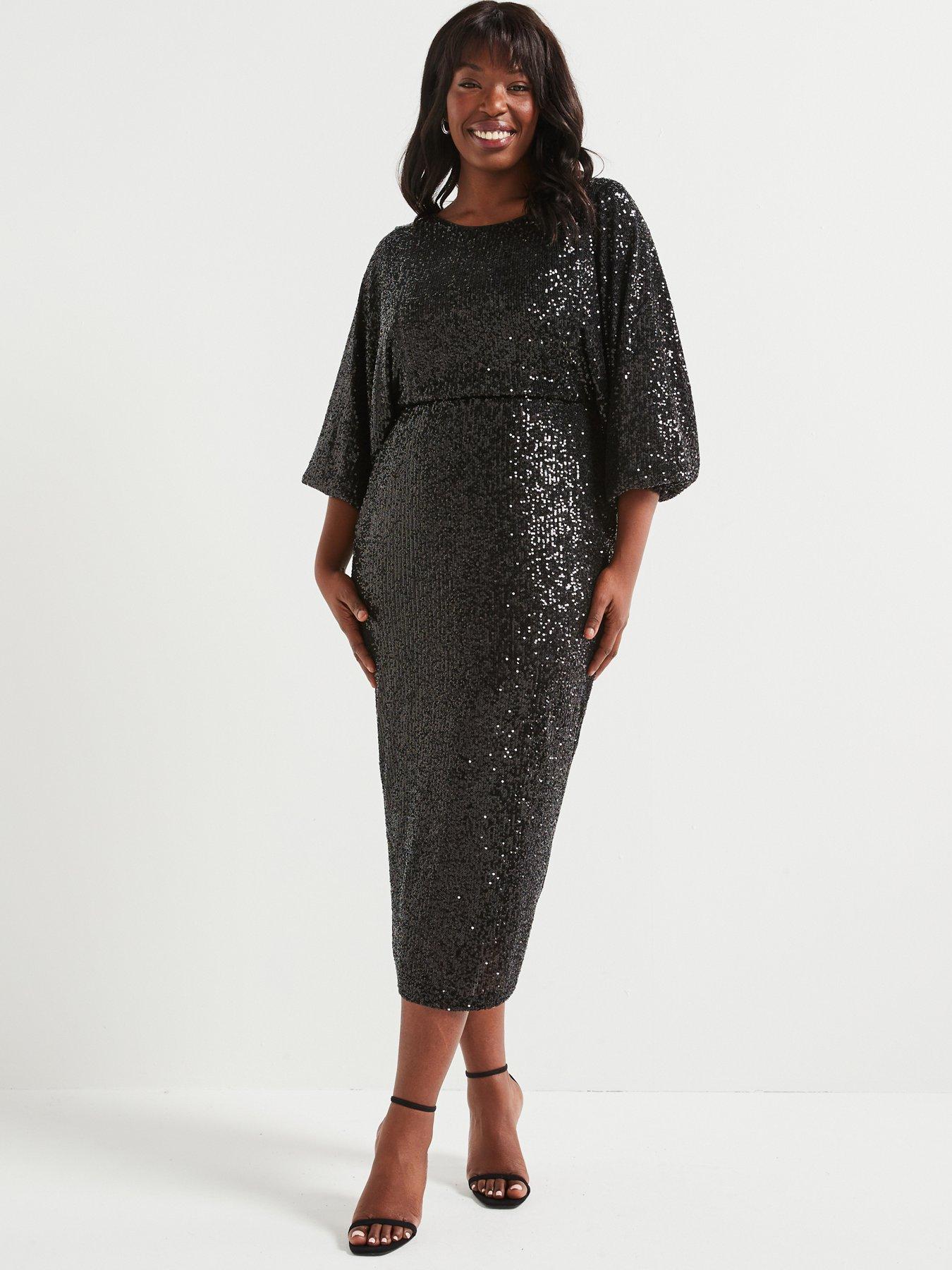 undefined Long Sleeve Bow Back Sequin Midi Dress - Black