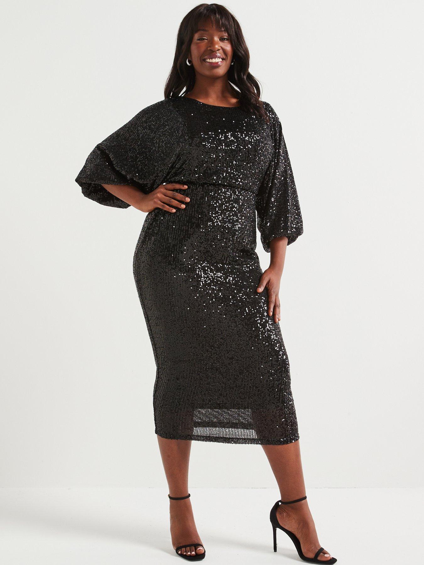 V by Very Curve Long Sleeve Bow Back Sequin Midi Dress Black Very