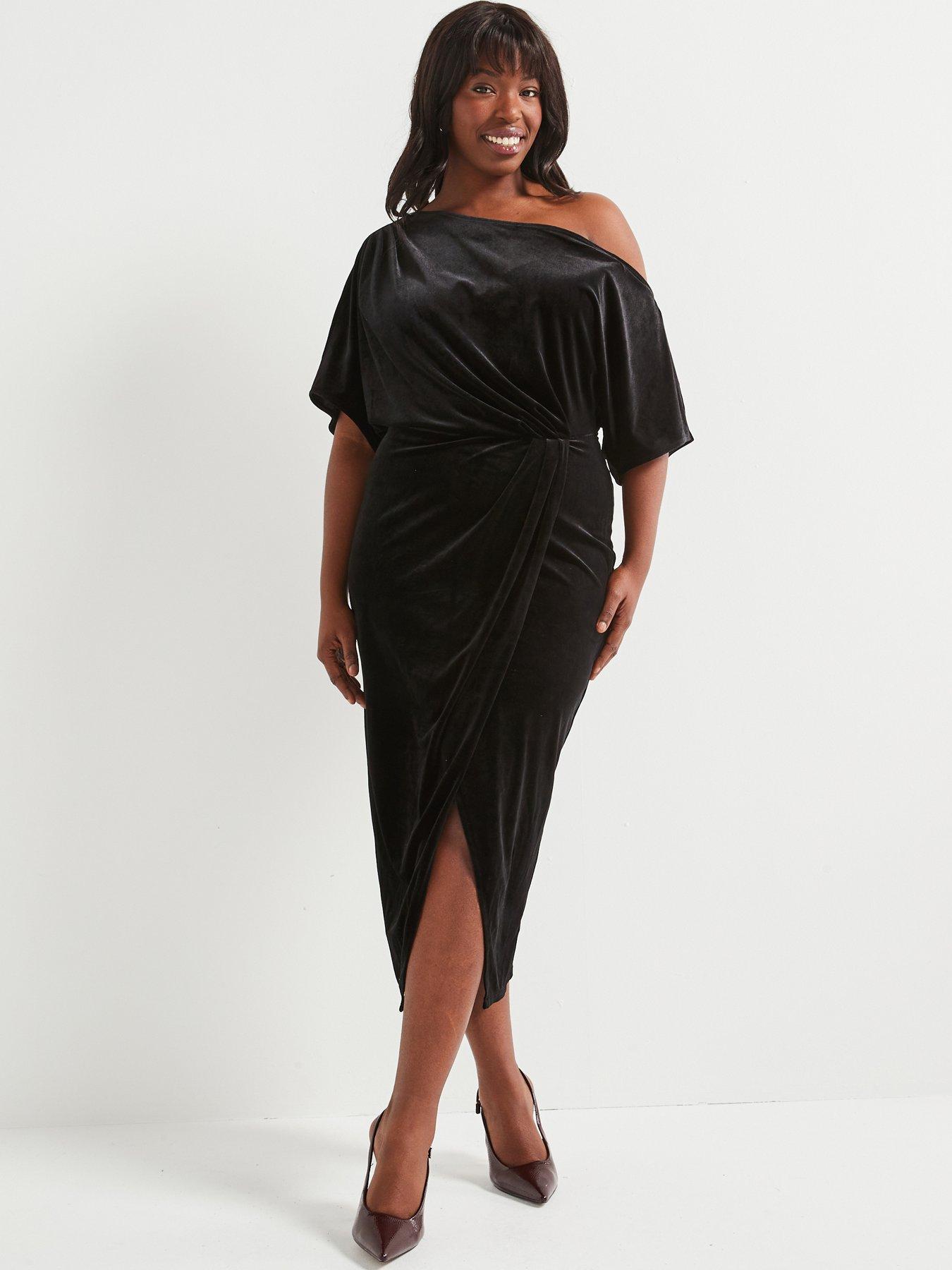 undefined Off The Shoulder Stretch Velvet Midi Dress - Black