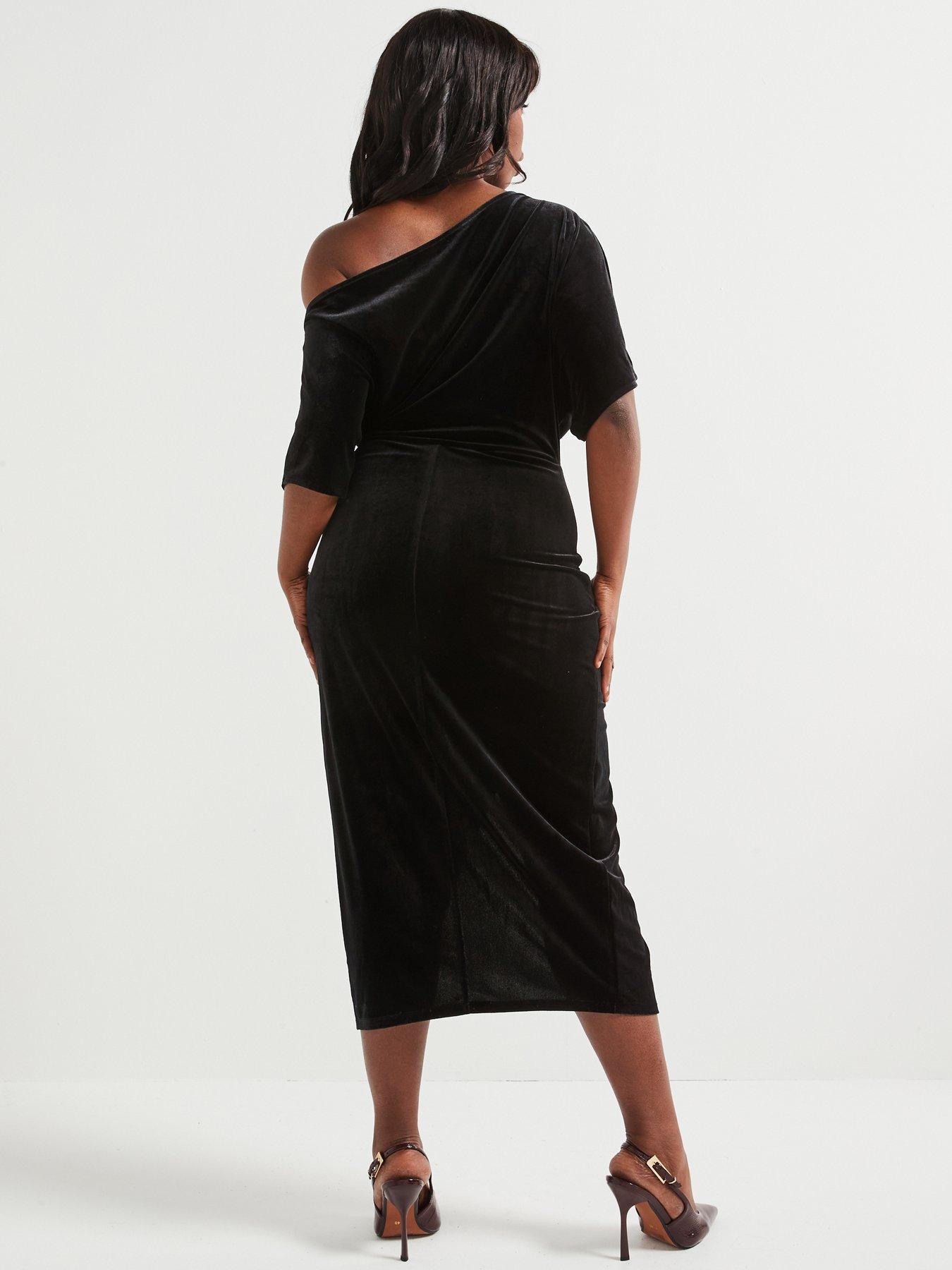 V by Very Curve Off The Shoulder Stretch Velvet Midi Dress Black Very