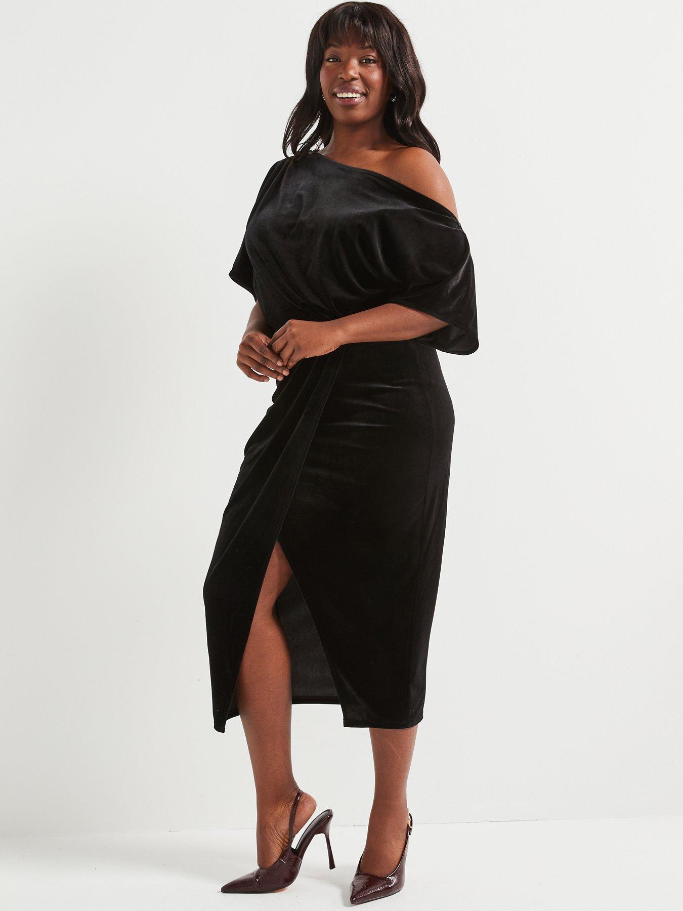 Image 3 of 5 of V by Very Curve Off The Shoulder Stretch Velvet Midi Dress - Black