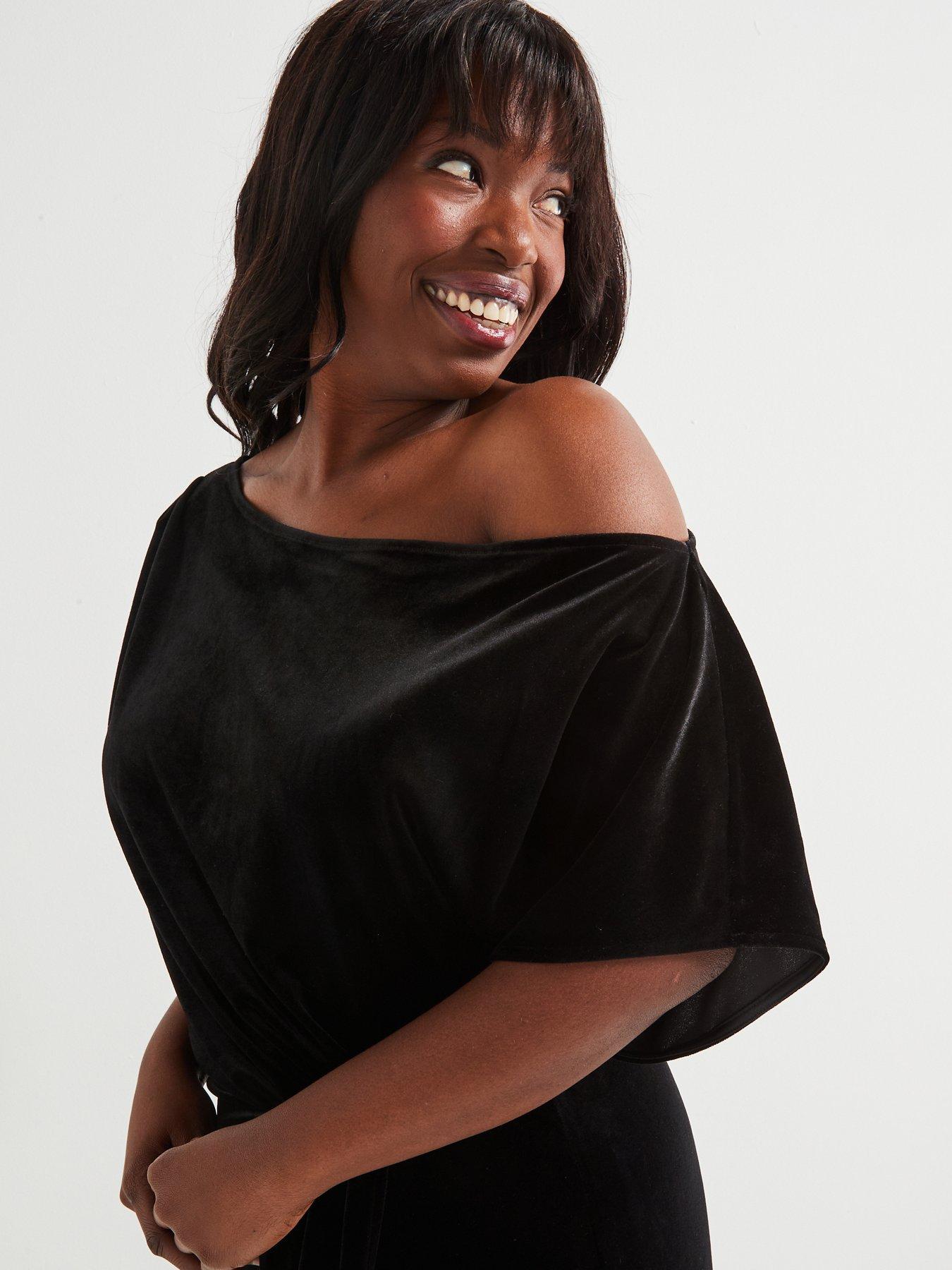 Image 4 of 5 of V by Very Curve Off The Shoulder Stretch Velvet Midi Dress - Black