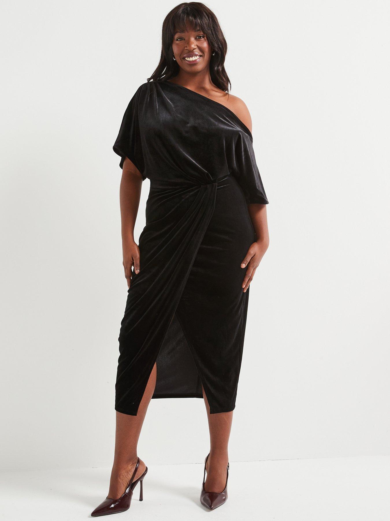 Image 5 of 5 of V by Very Curve Off The Shoulder Stretch Velvet Midi Dress - Black