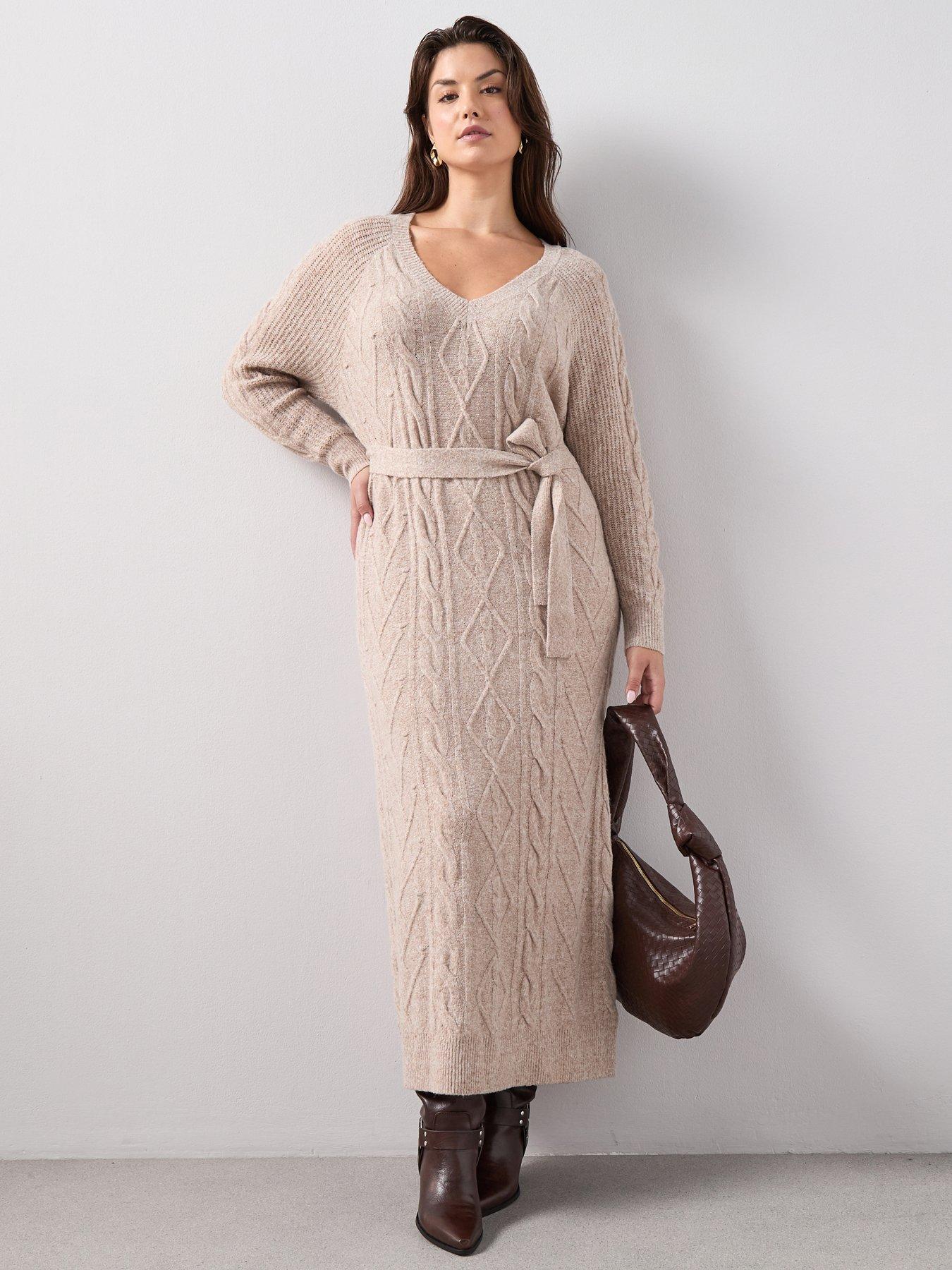 The Very Collection Curve V Neck Knitted Dress - Beige