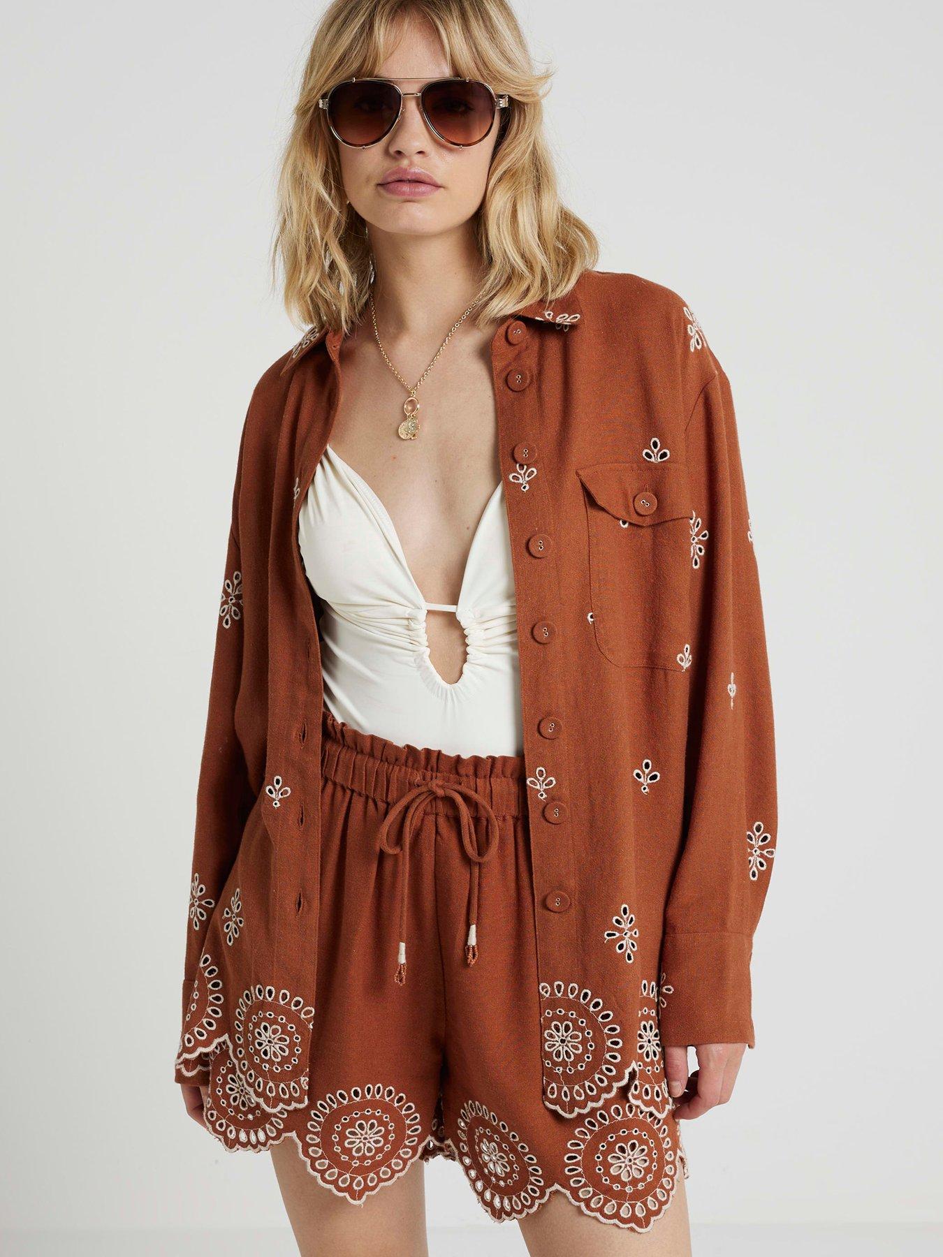 river island broderie linen shirt - rust, orange, size 6, women