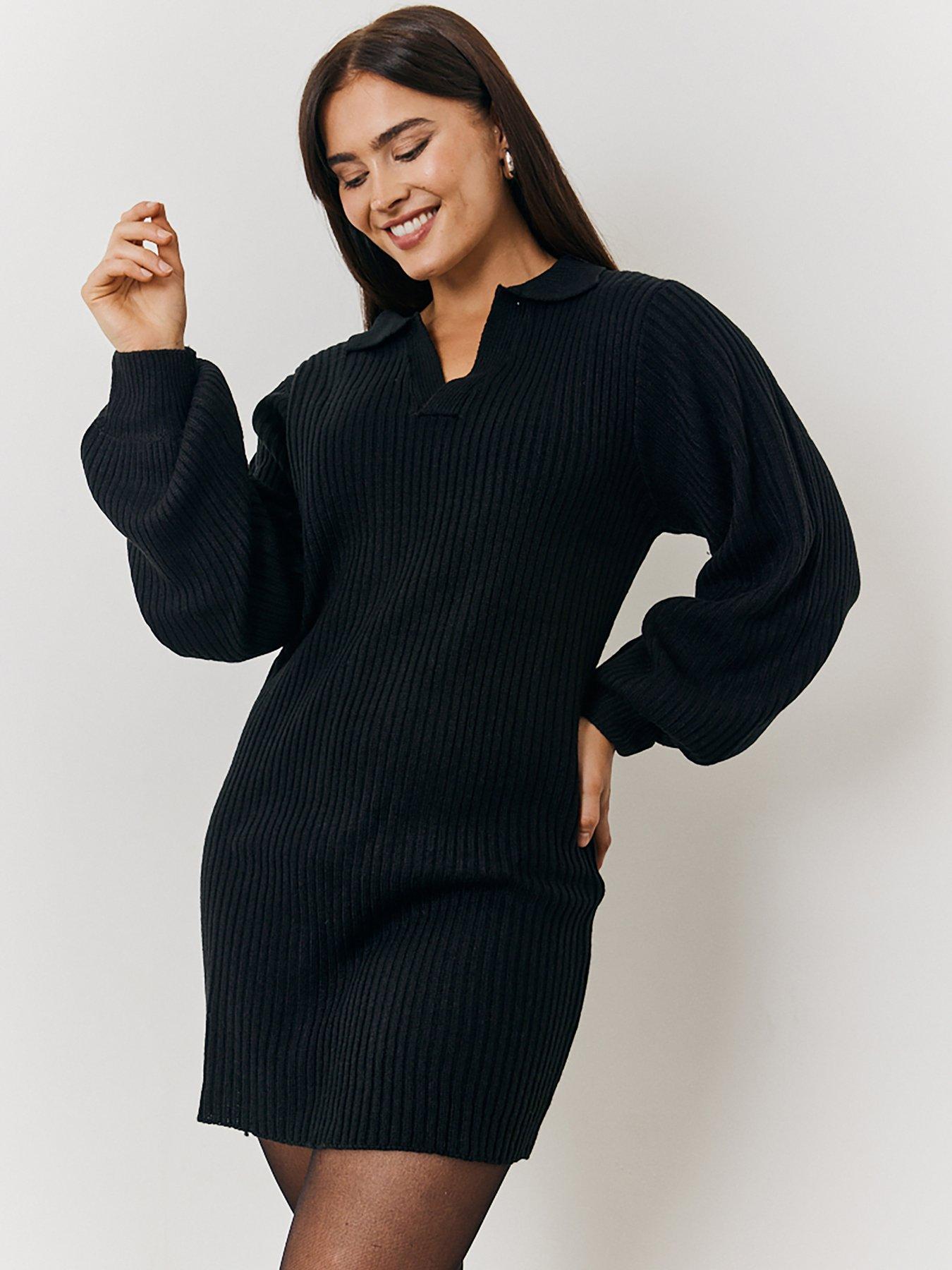 In The Style Exclusive Knitted Collar Detail Mini Jumper Dress In Black