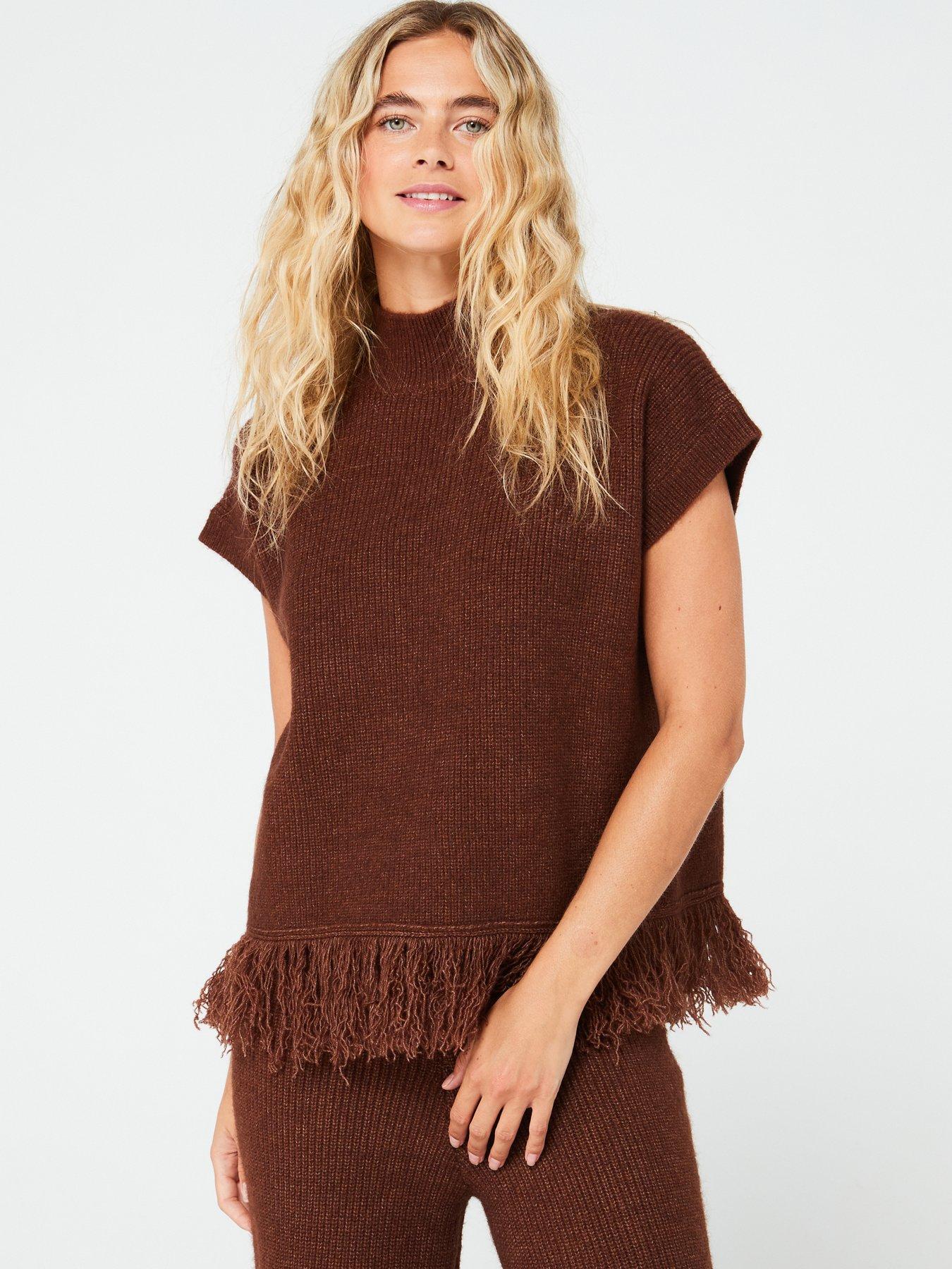 undefined Tassel Hem Sleeve Jumper Co-Ord - Chocolate