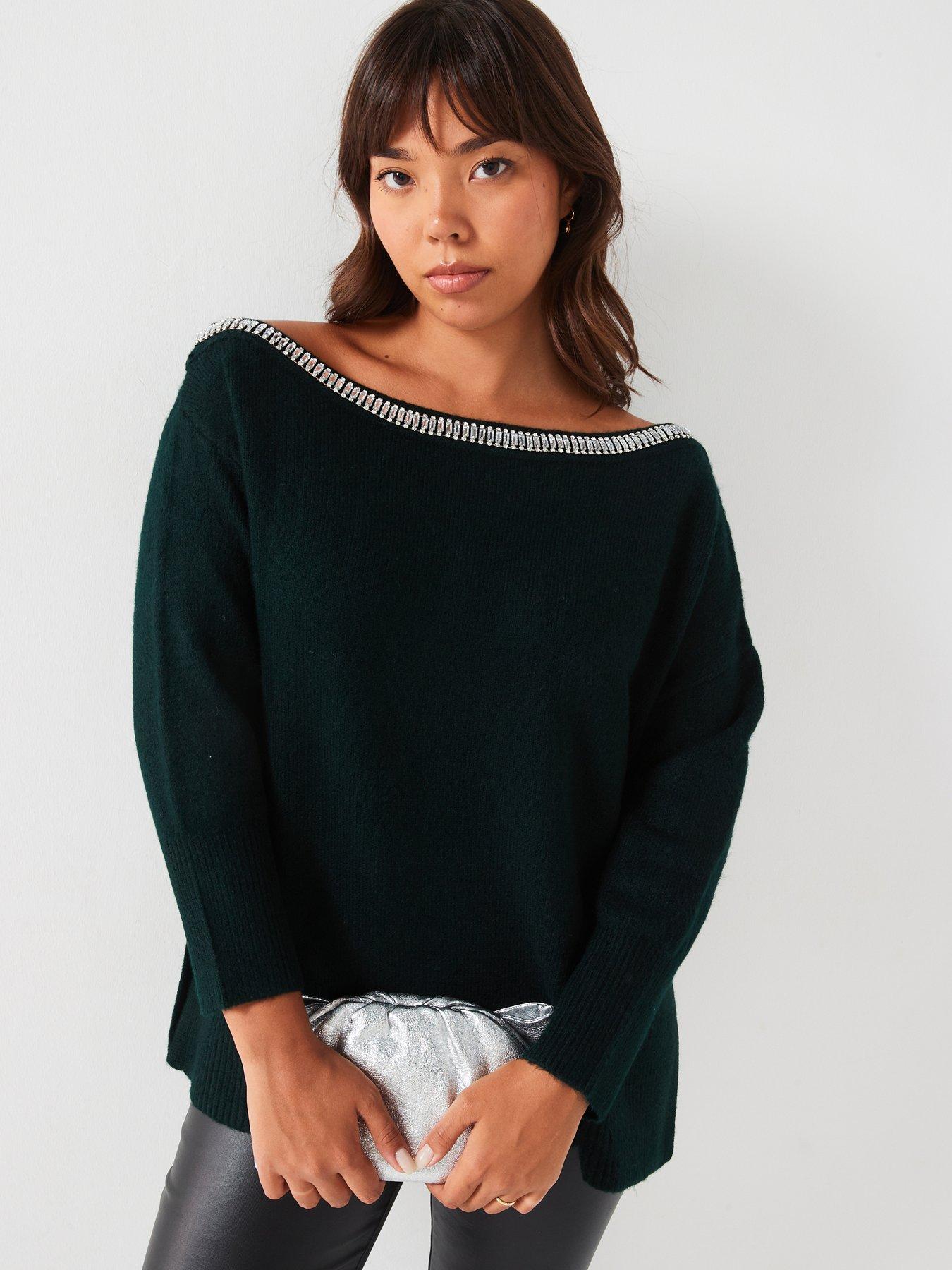 undefined Jewel Off The Shoulder Jumper - Dark Green