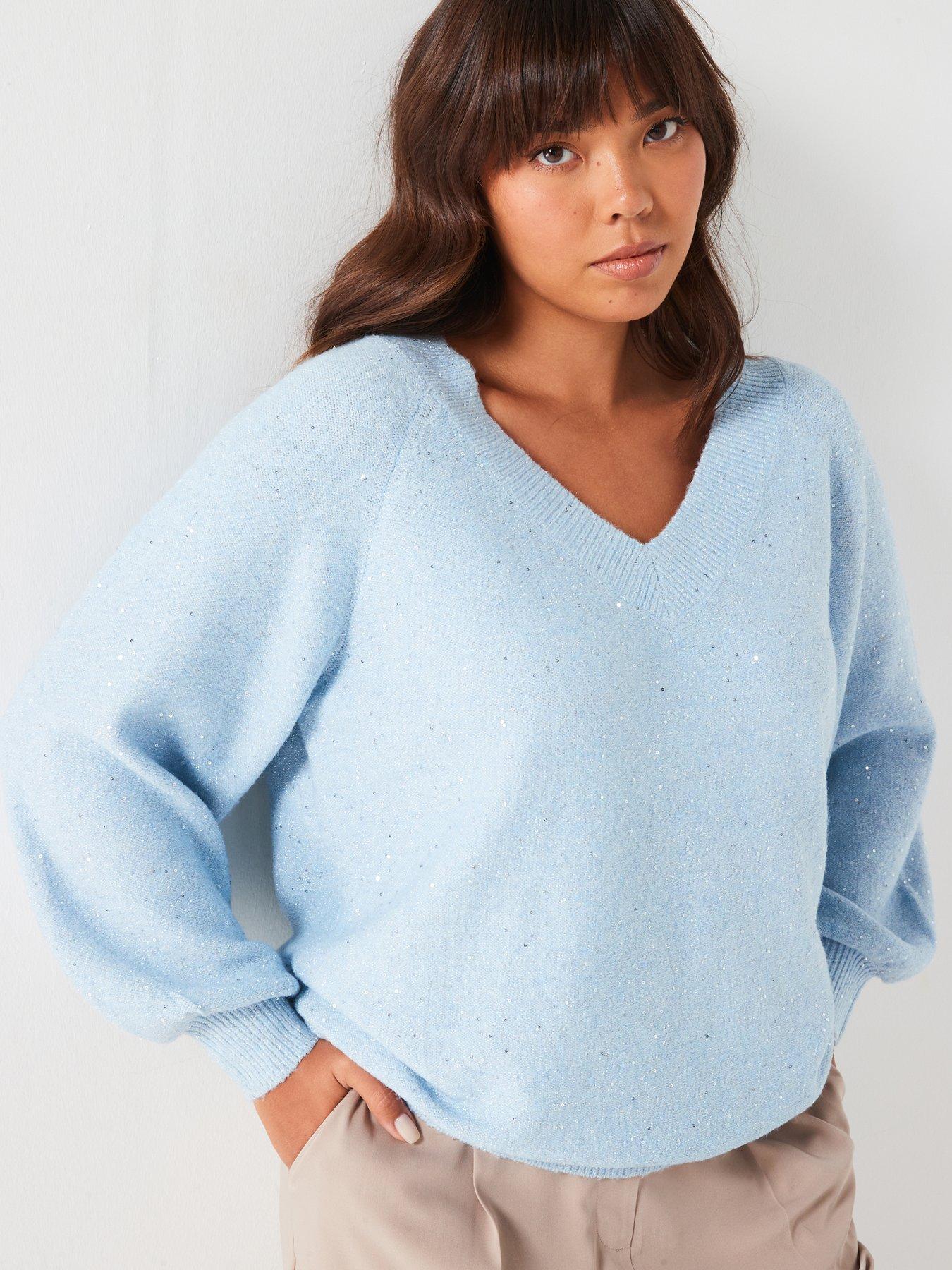 Image 1 of 6 of V by Very Curve Sequin Knit Neck Jumper - Blue