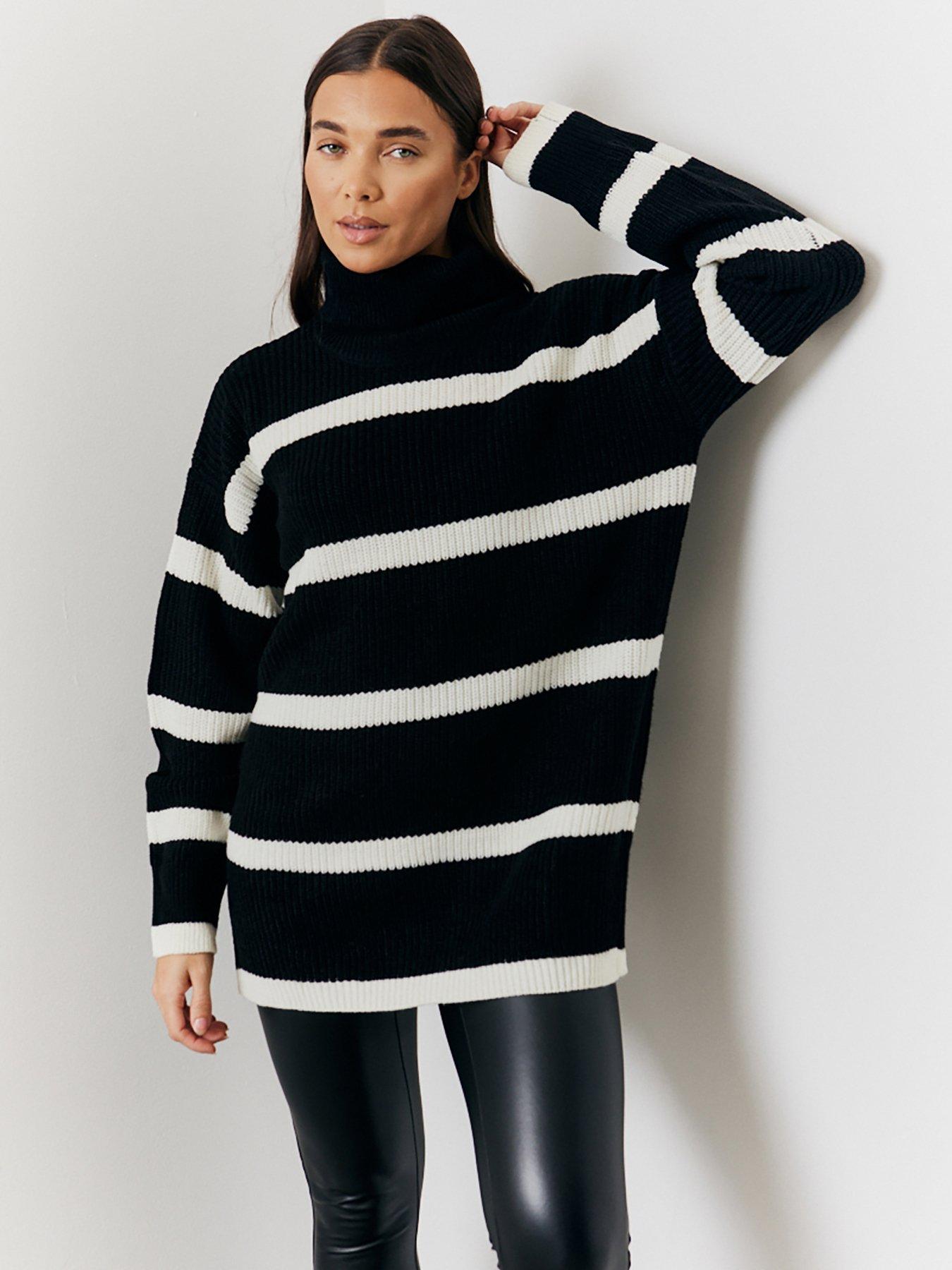 In The Style Black Stripe High Neck Longline Knit Jumper Very