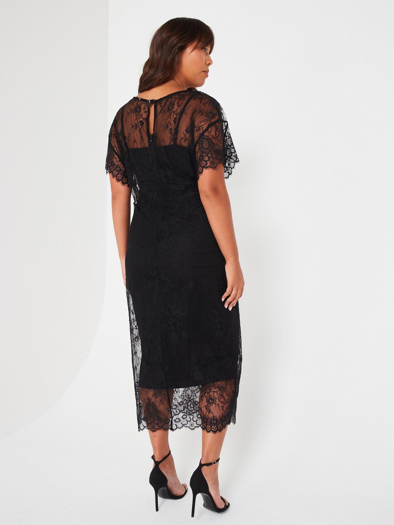 Image 2 of 6 of V by Very Curve Batwing Sleeve Lace Midi Dress - Black