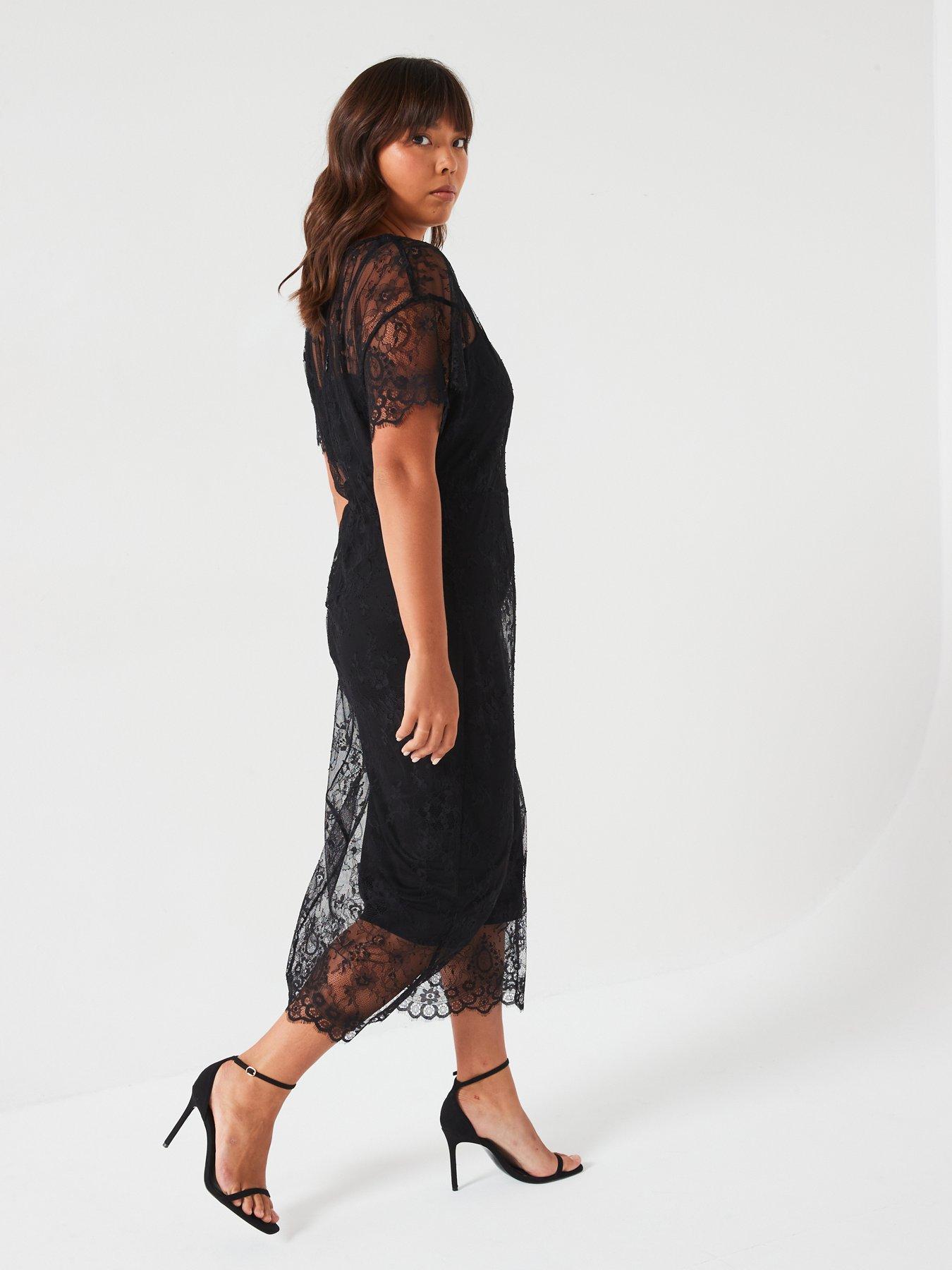 Image 3 of 6 of V by Very Curve Batwing Sleeve Lace Midi Dress - Black