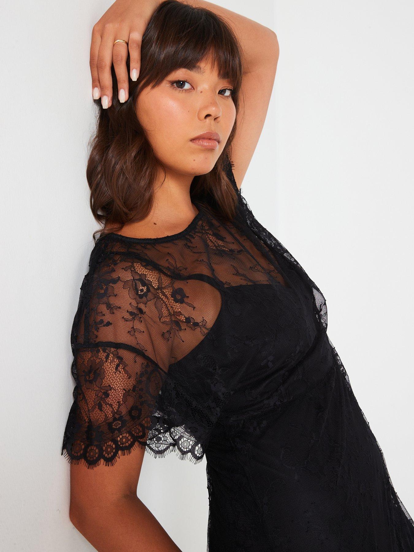 Batwing Sleeve Lace Midi Dress Black