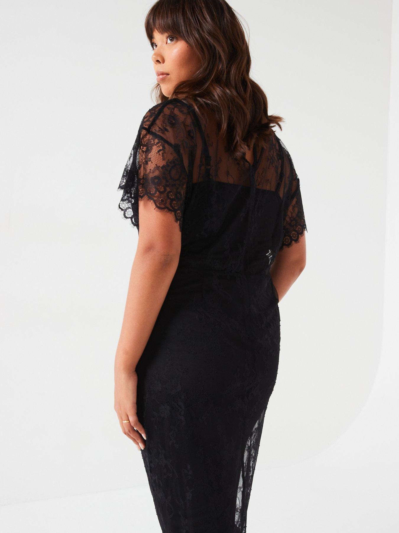 Batwing Sleeve Lace Midi Dress Black