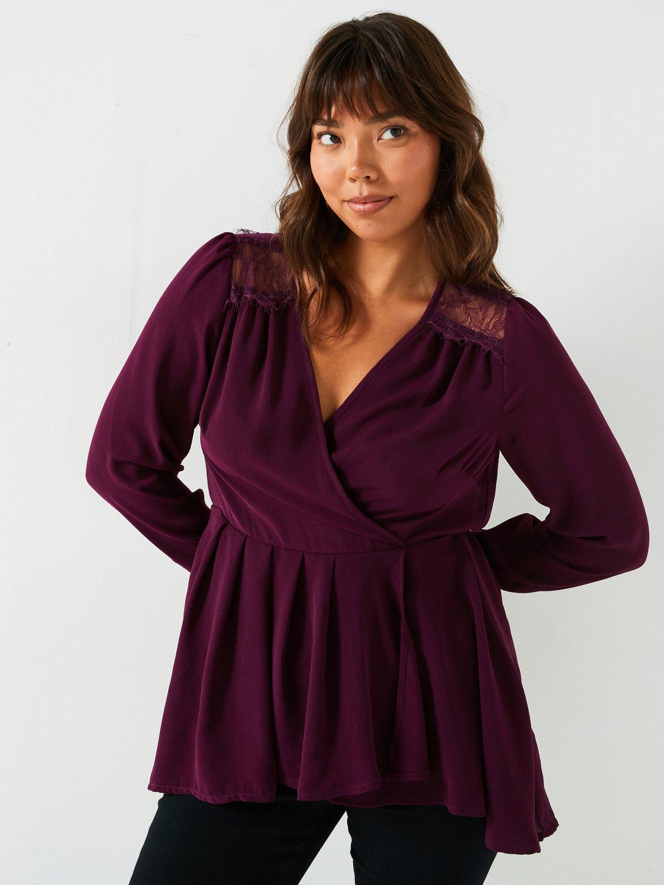 Image 1 of 6 of V by Very Curve Dipped Hem Wrap Blouse - Red