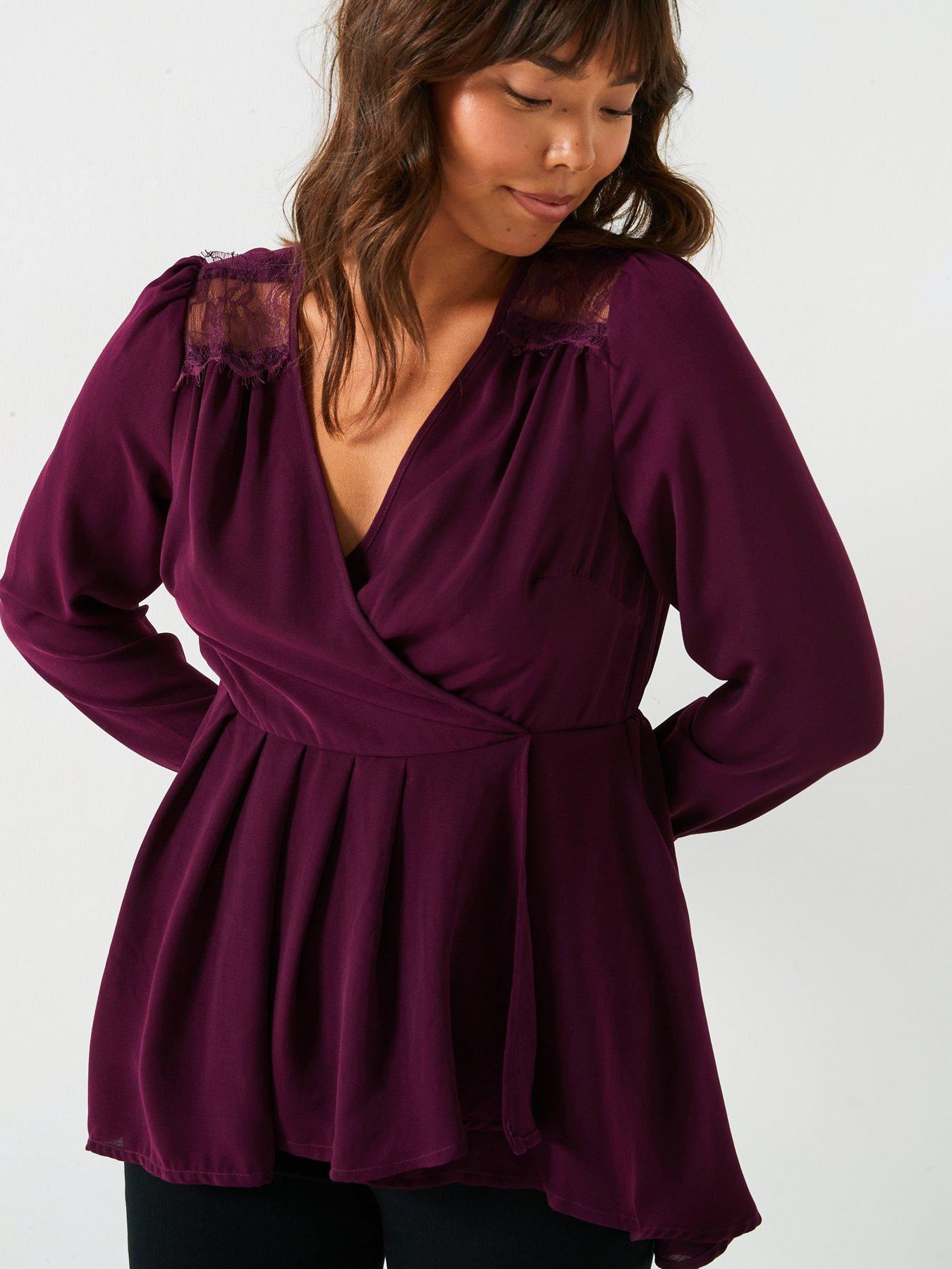 Image 5 of 6 of V by Very Curve Dipped Hem Wrap Blouse - Red