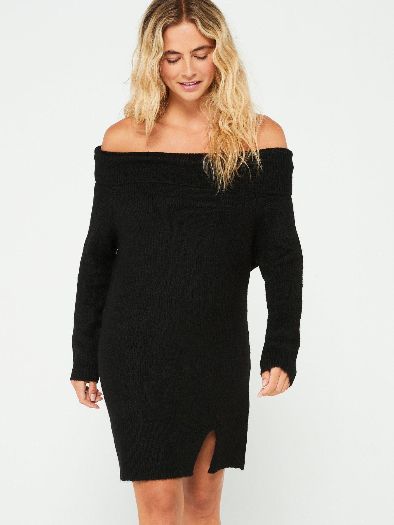 In The Style Bardot Foldover Knitted Jumper Dress - Black
