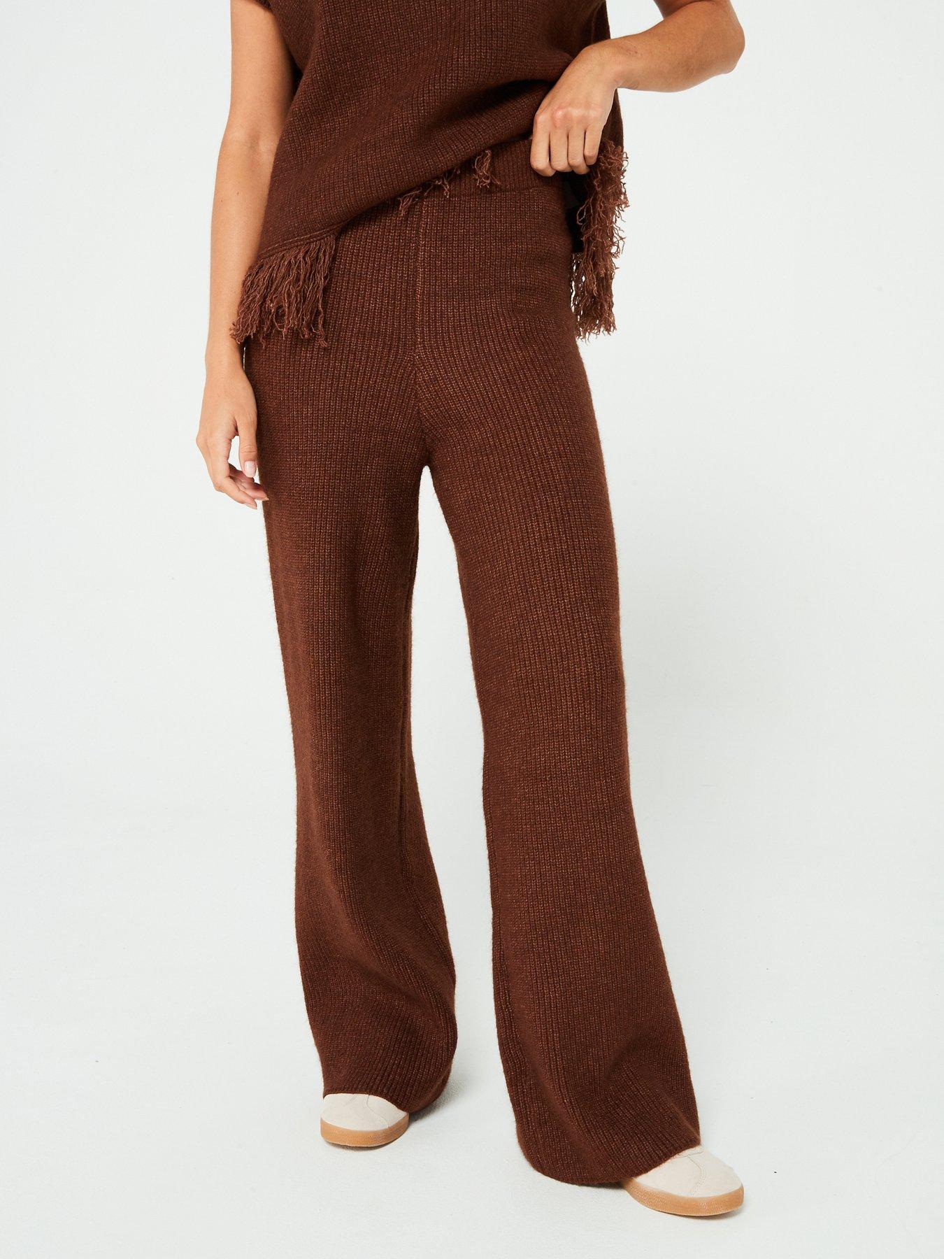 undefined Knitted Wide Leg Trousers Co-Ord Chocolate - Brown