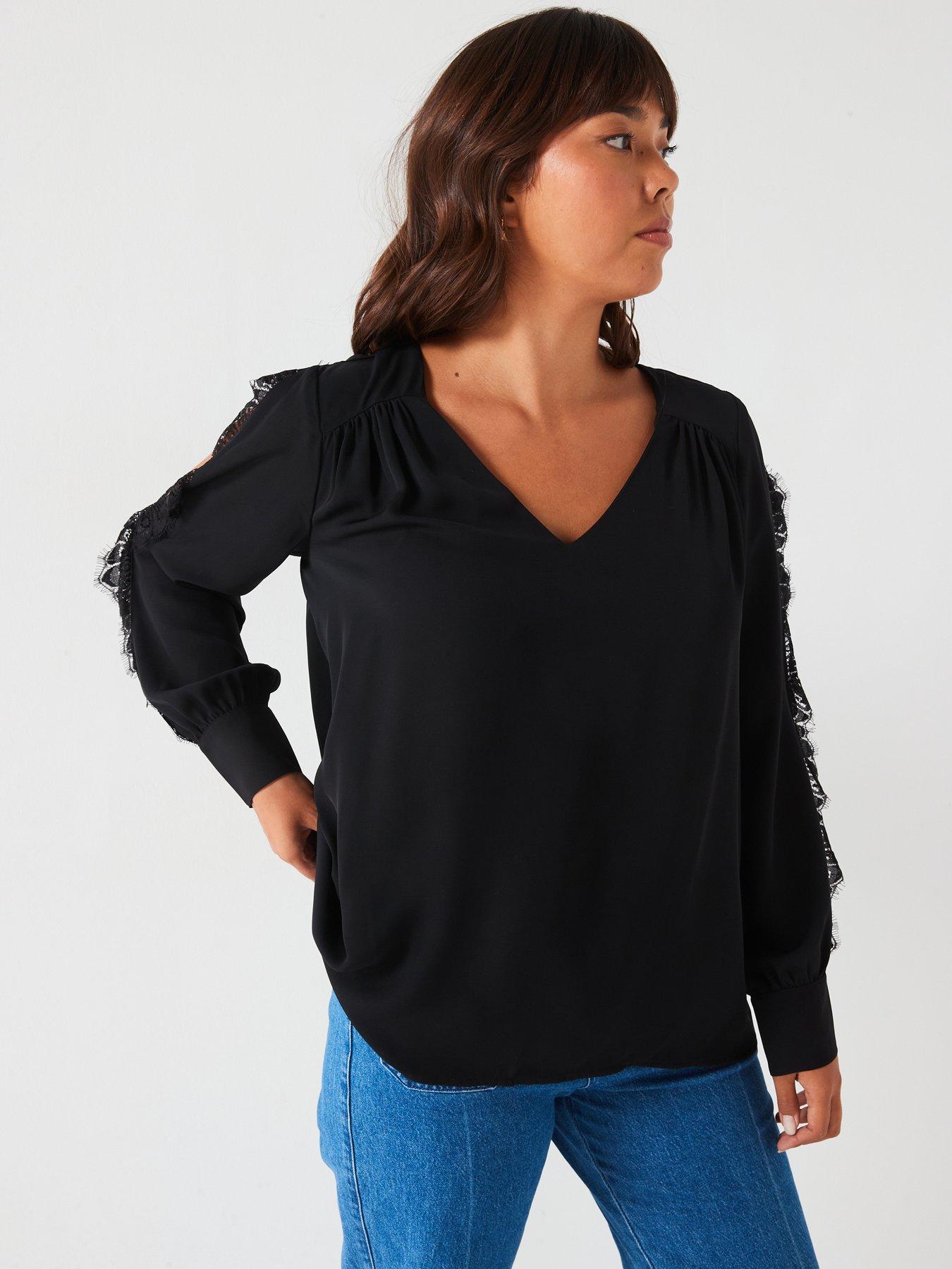 undefined Lace Trim Split Sleeve Blouse - Black