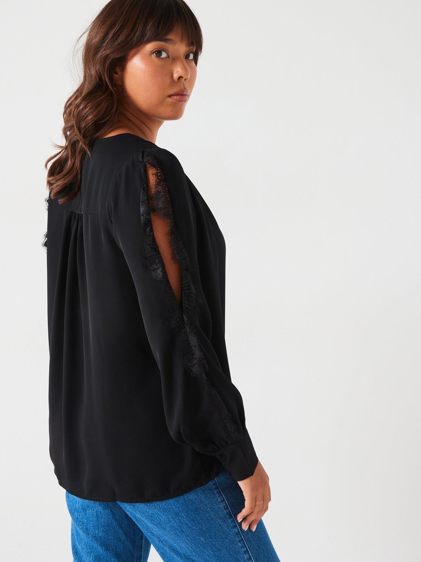 Image 2 of 6 of V by Very Curve Lace Trim Split Sleeve Blouse - Black