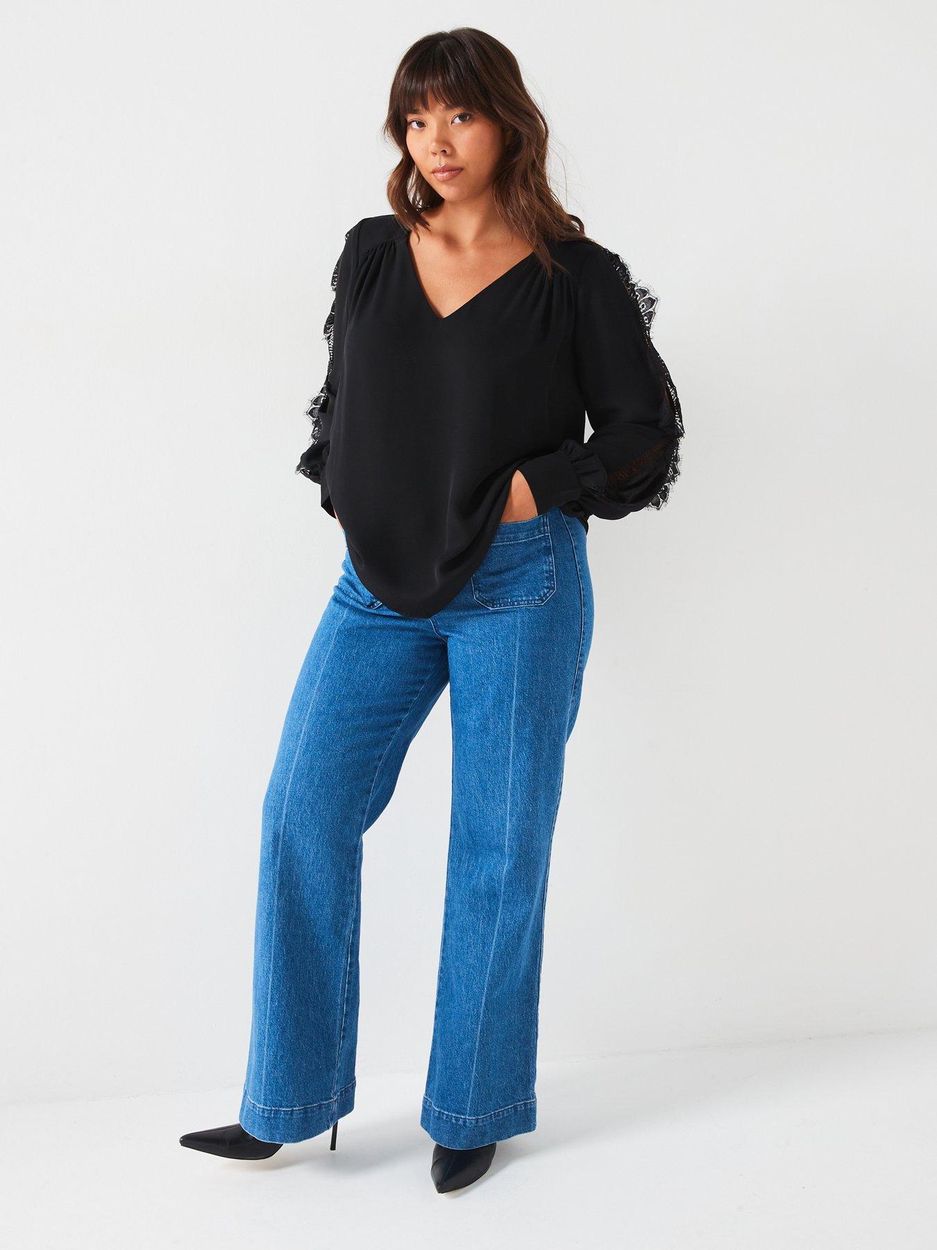 Image 3 of 6 of V by Very Curve Lace Trim Split Sleeve Blouse - Black
