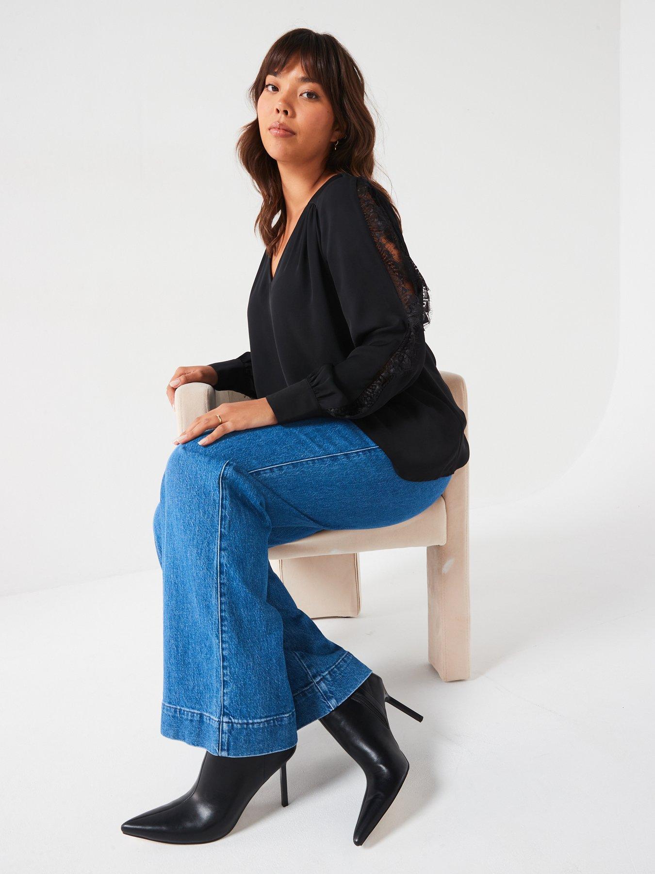 Image 4 of 6 of V by Very Curve Lace Trim Split Sleeve Blouse - Black