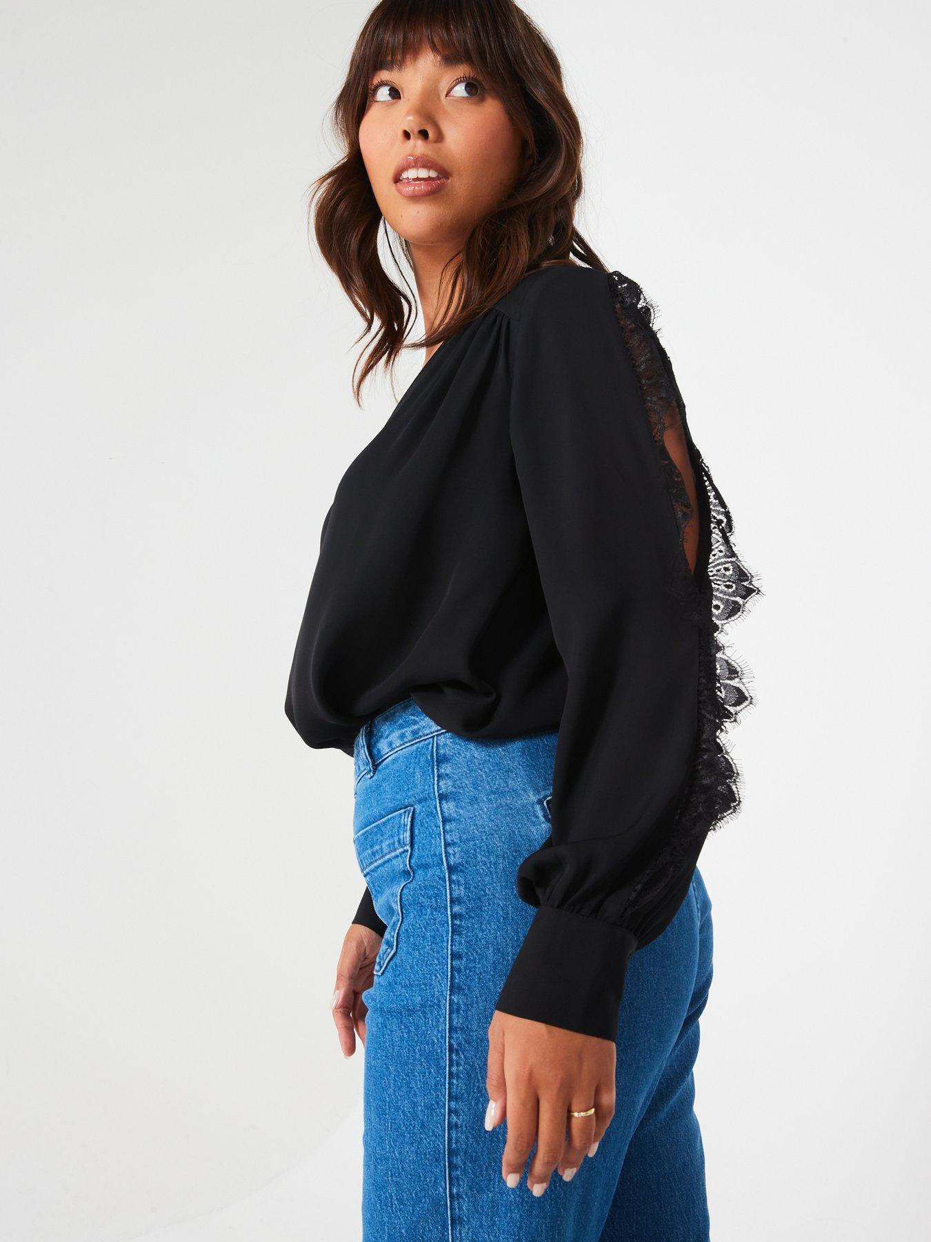 Image 5 of 6 of V by Very Curve Lace Trim Split Sleeve Blouse - Black