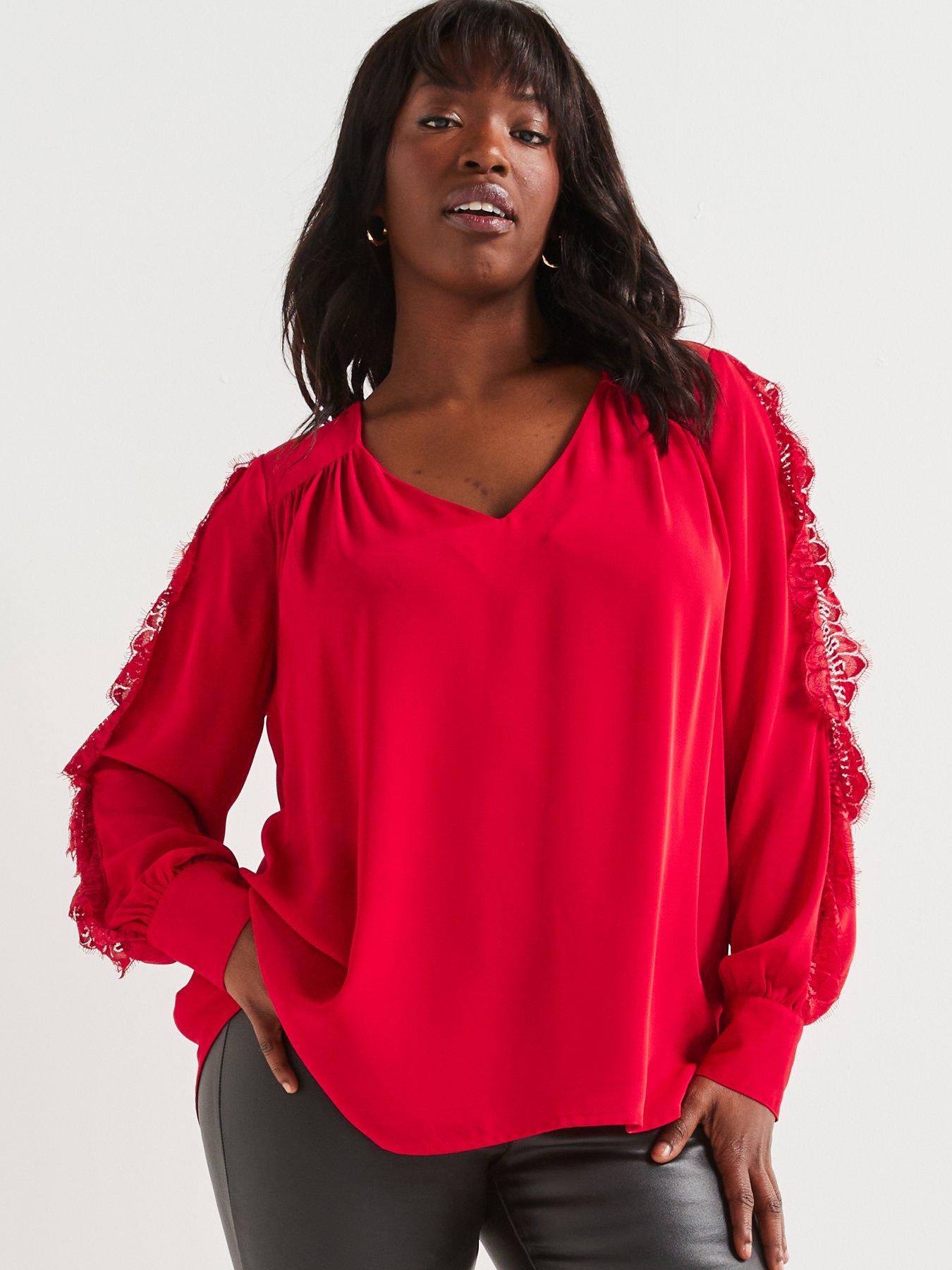 Lace Trim Split Sleeve Blouse Red