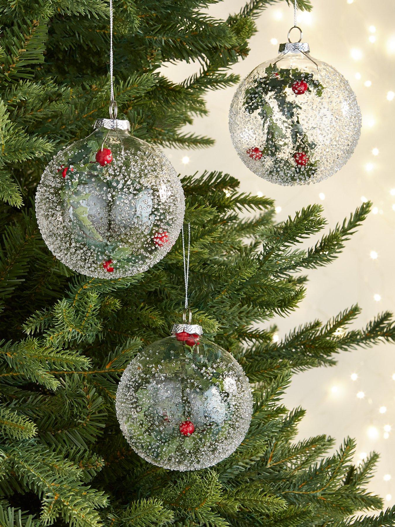 Product photograph of Festive Set Of 3 Foliage Filled Glass Baubles from very.co.uk