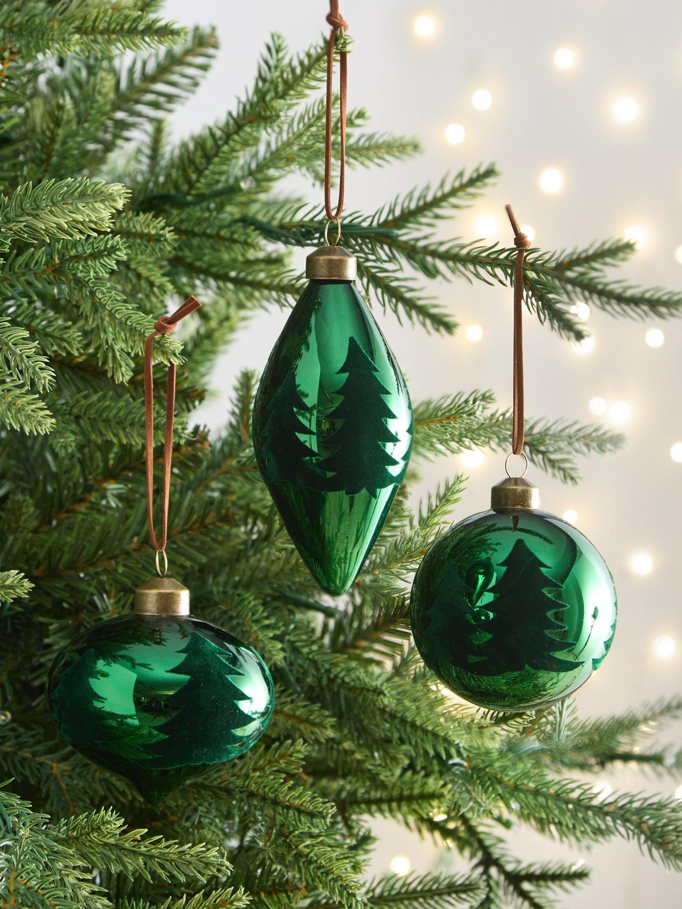 Product photograph of Festive Set Of 3 Flocked Green Glass Baubles from very.co.uk