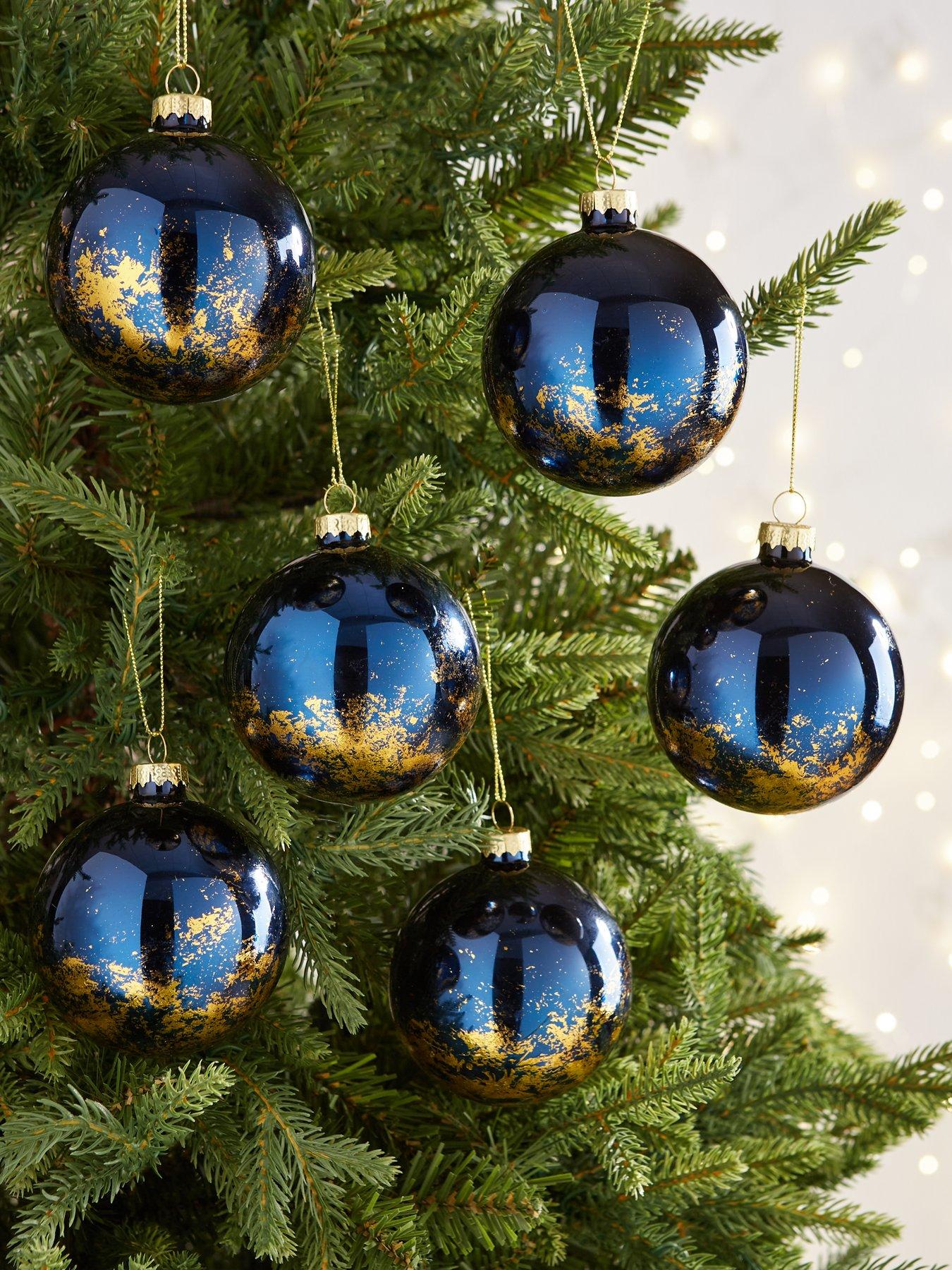 Festive Set 6 Gold/Blue Glass Christmas Tree Baubles