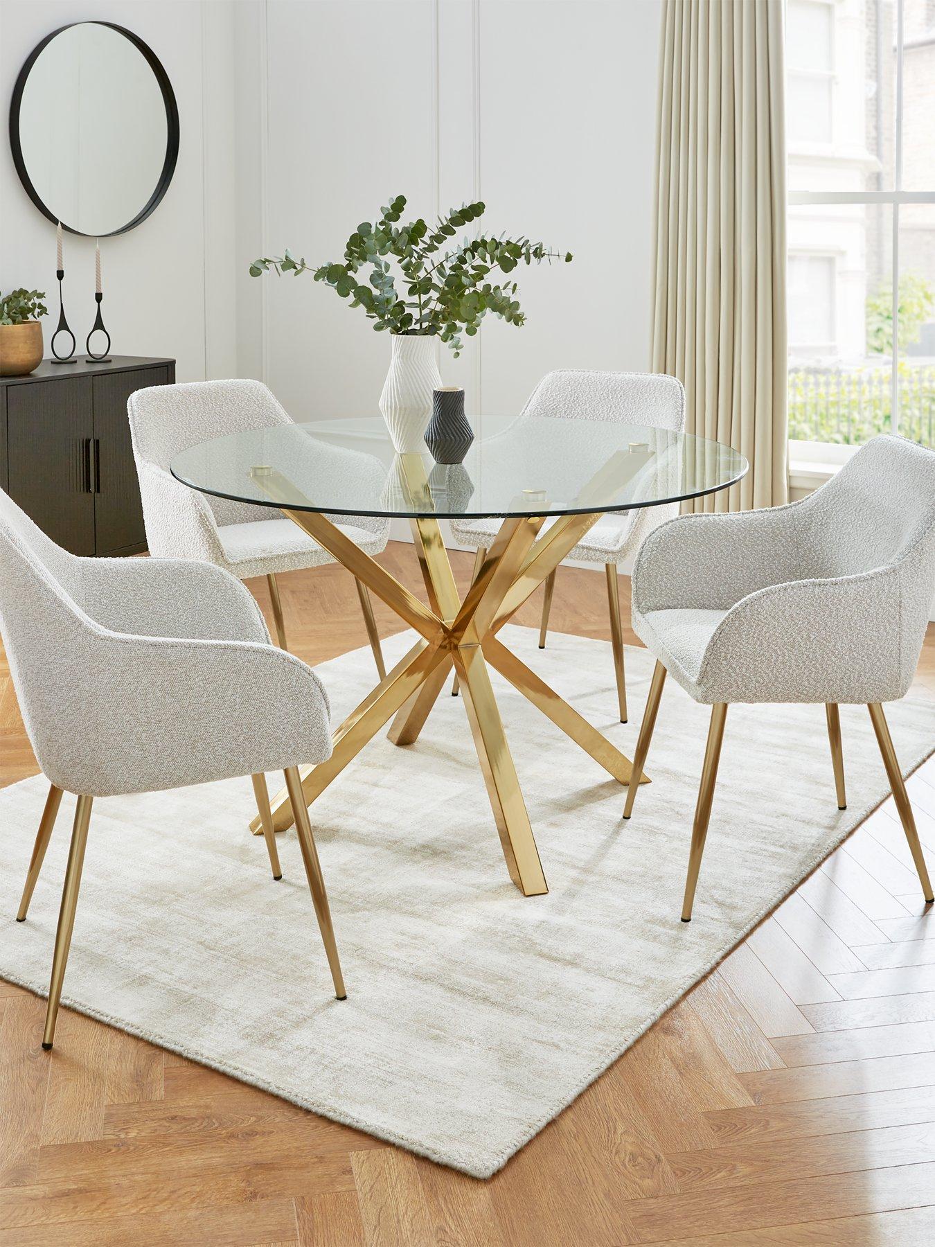 undefined Chopstick 120 cm Round Dining Table plus 4 Alisha Boucle Chairs - Brass/Cream