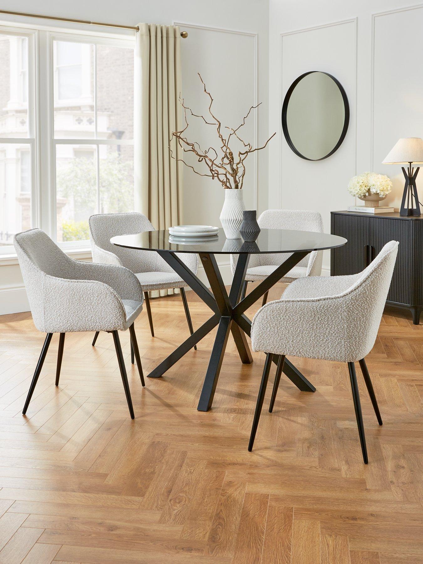 Product photograph of Very Home Chopstick 120 Cm Round Dining Table 4 Alisha Boucle Chairs - Black Cream from very.co.uk