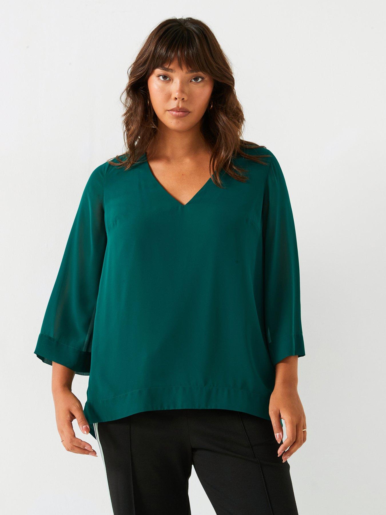 V by Very Curve 3/4 Sleeve Chiffon Blouse Green Very