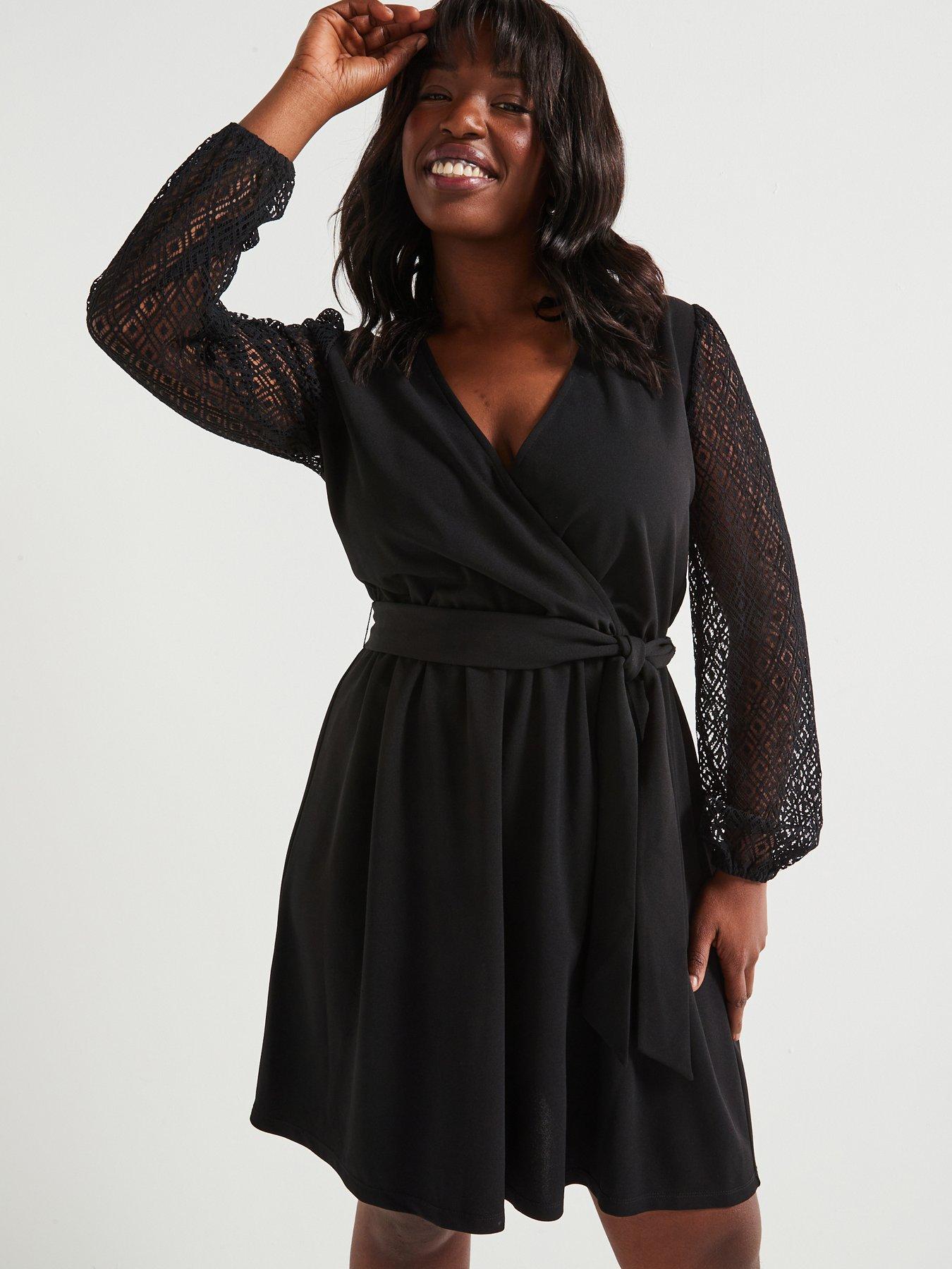 undefined Lace Sleeve Wrap Mini Dress - Black