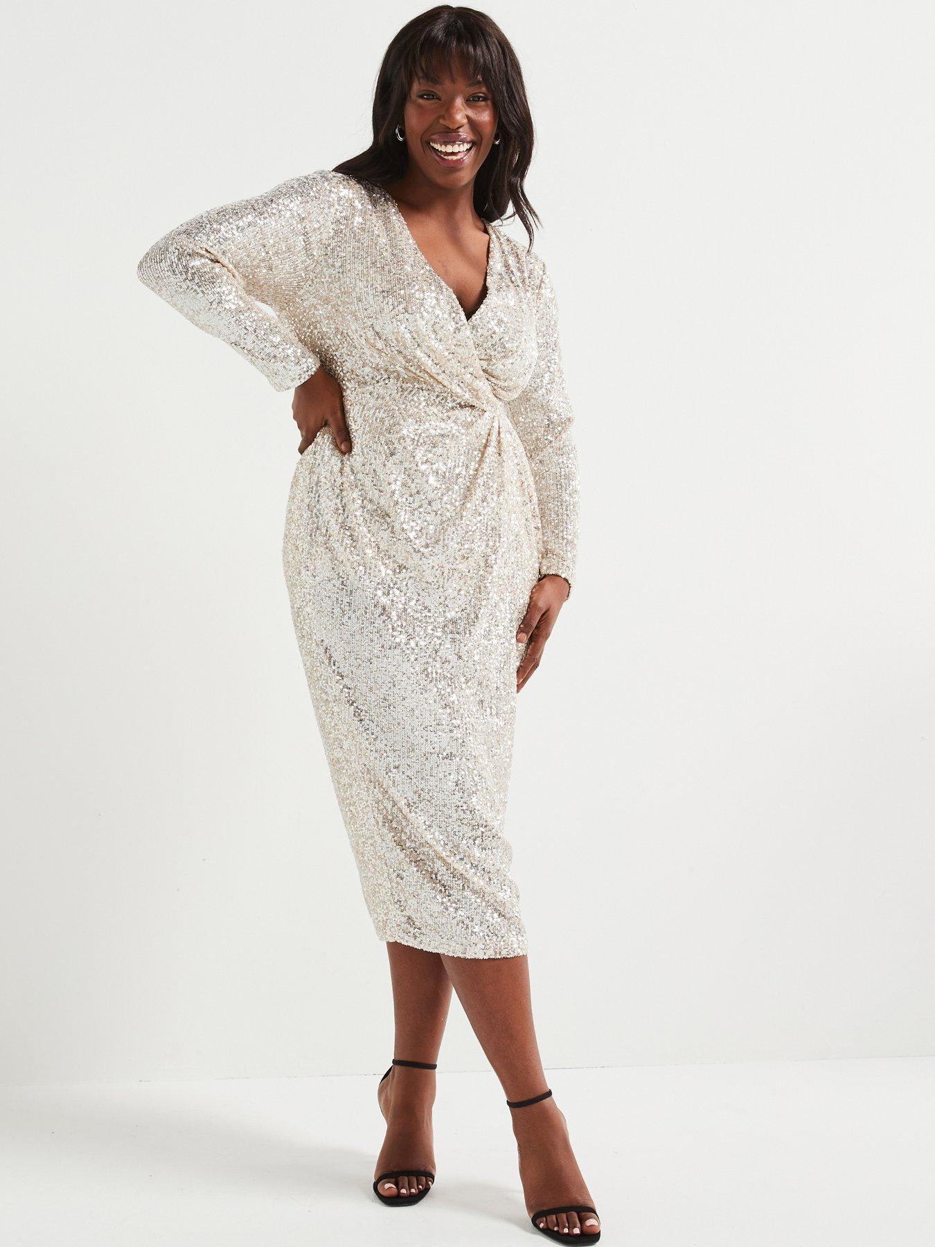 undefined Long Sleeve Wrap Sequin Midi Dress - Gold