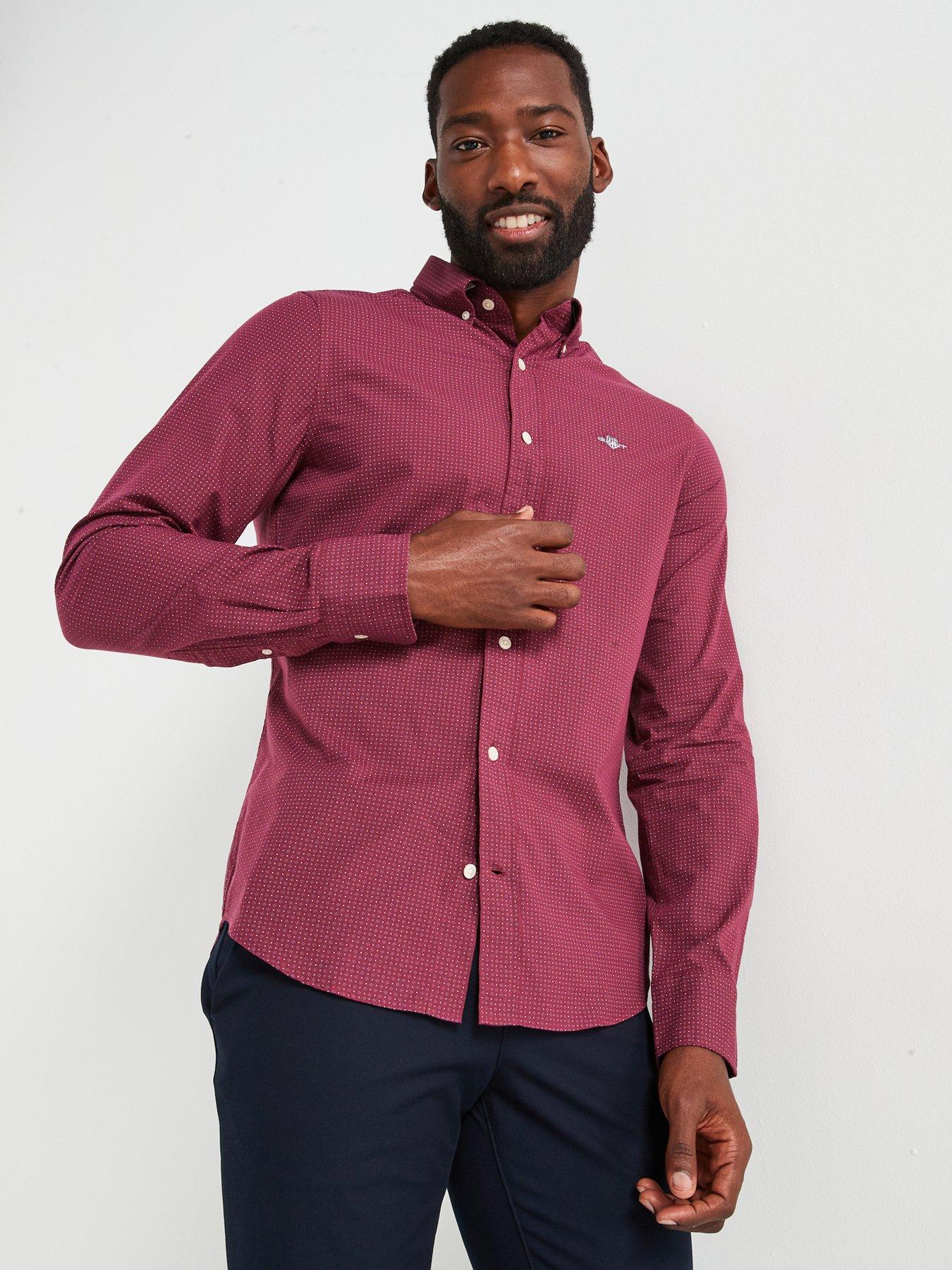 undefined Slim Fit Micro Print Long Sleeve Shirt - Dark Red