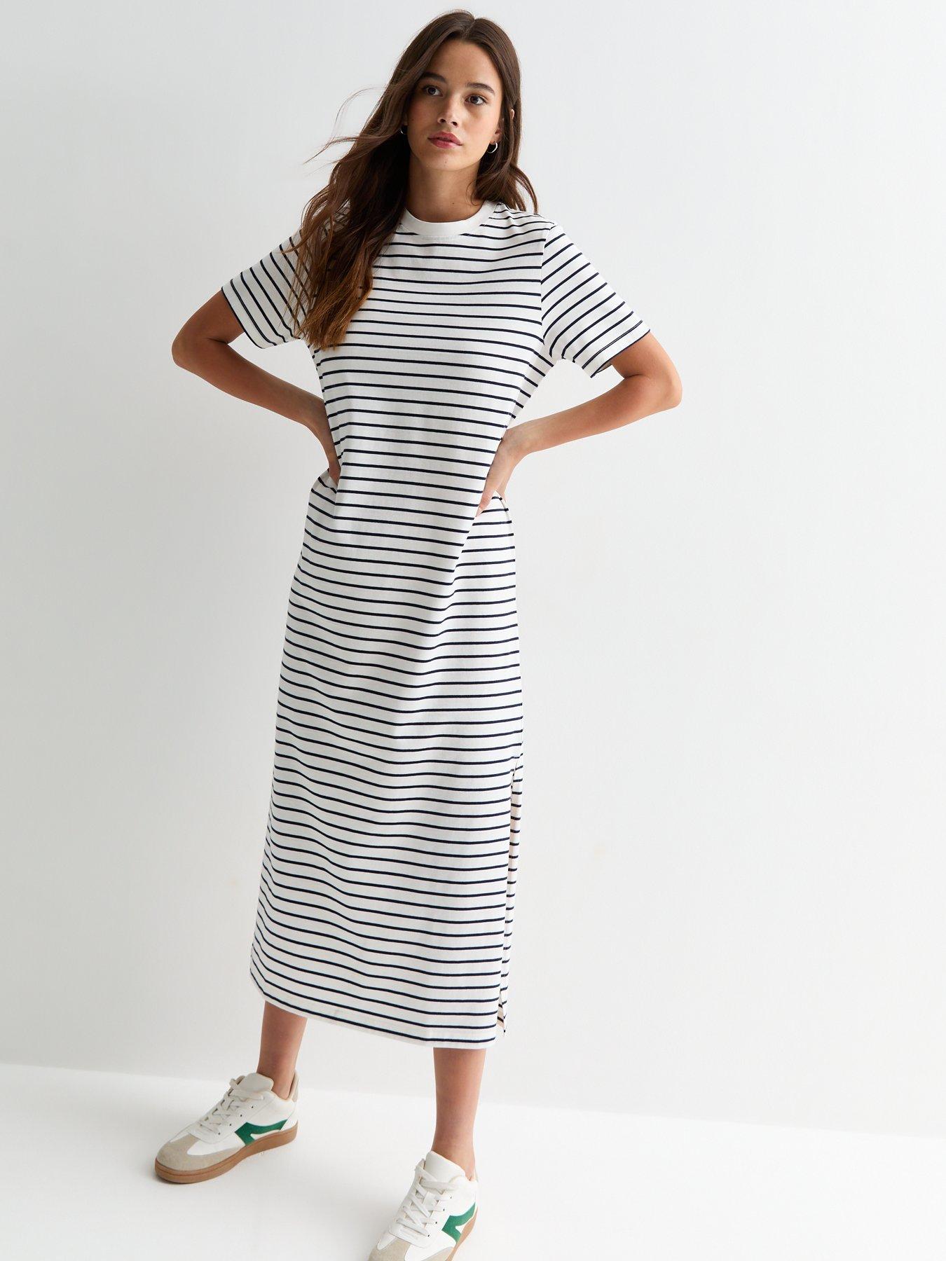 New Look Blue Stripe Cotton Midi T shirt Dress Very