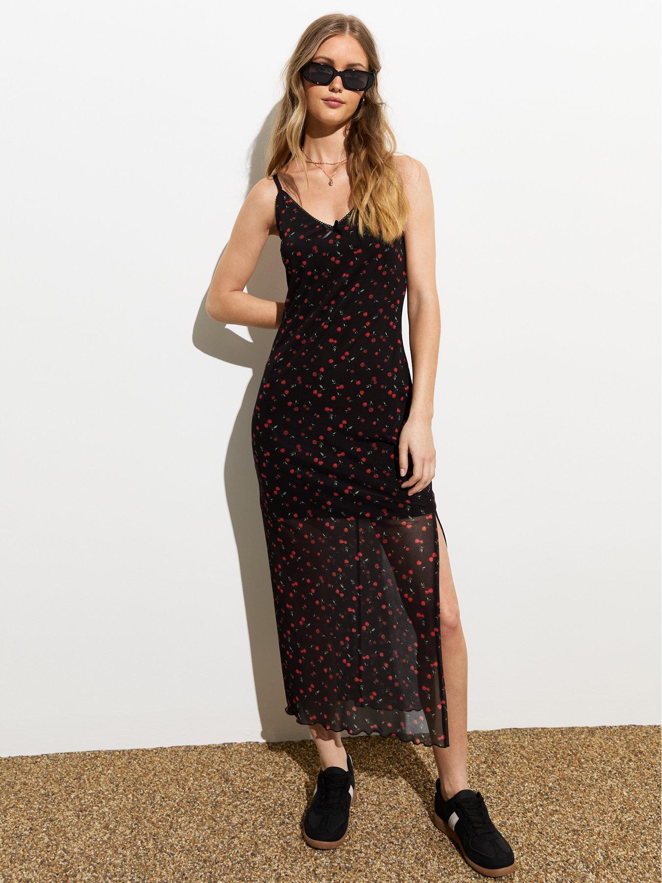 New Look Black Cherry print Mesh Strappy Midi Dress very