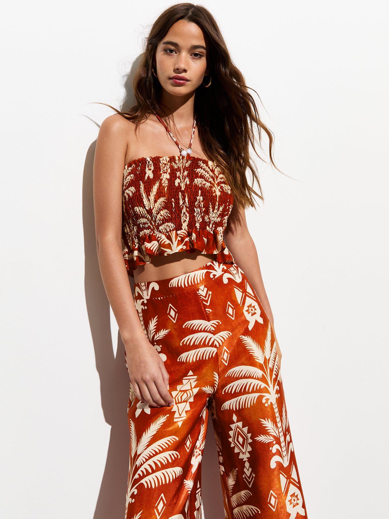 New Look Rust Abstract Print Satin Shirred Crop Top, Print, Size 18, Women