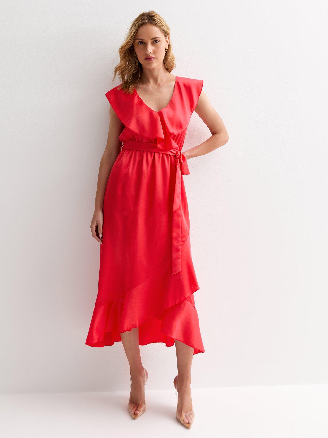 undefined Coral Sleeveless Belted Ruffle Midi Dress