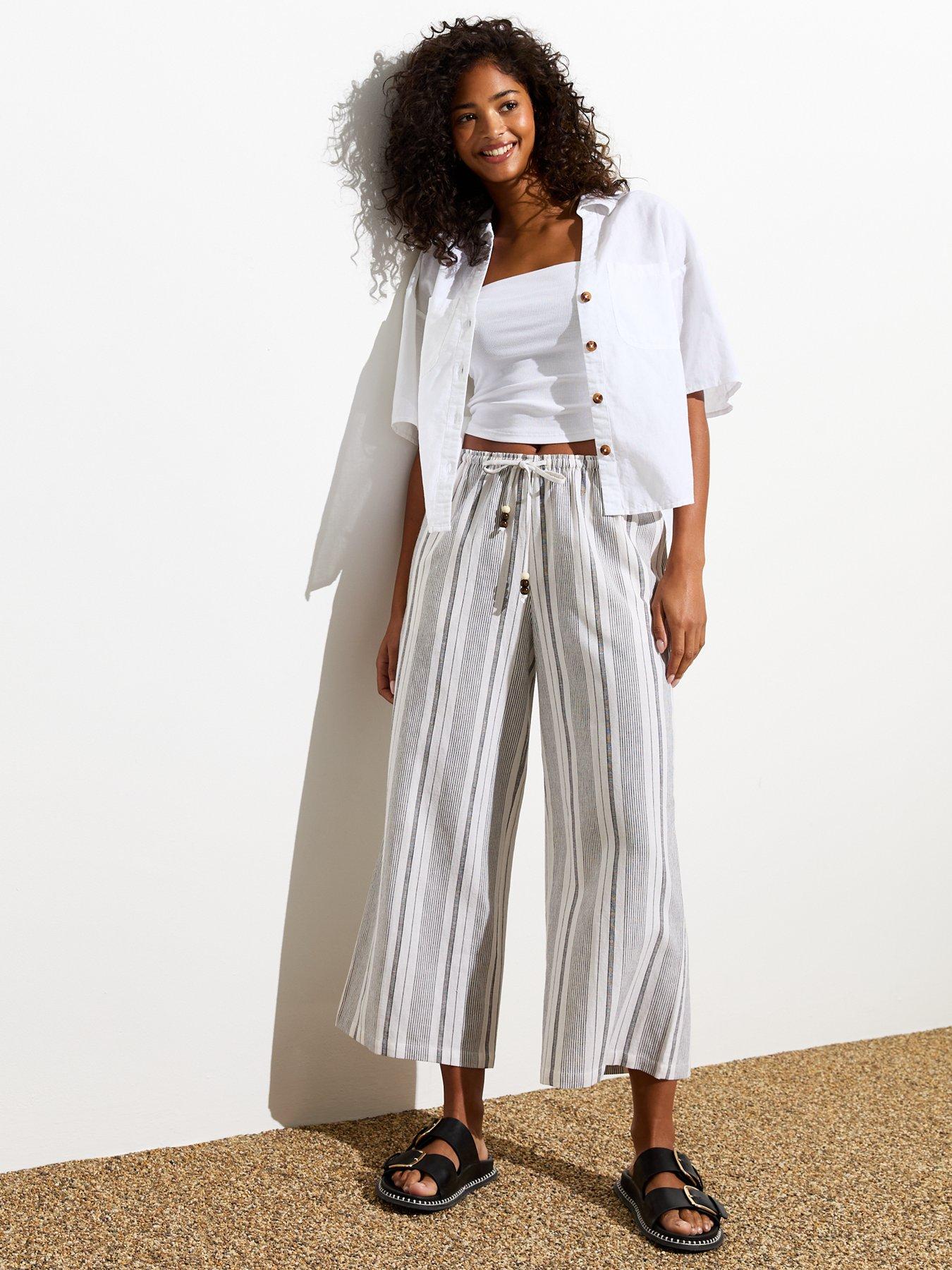 New Look White Cotton linen Blend Pinstripe Wide leg Trousers Very