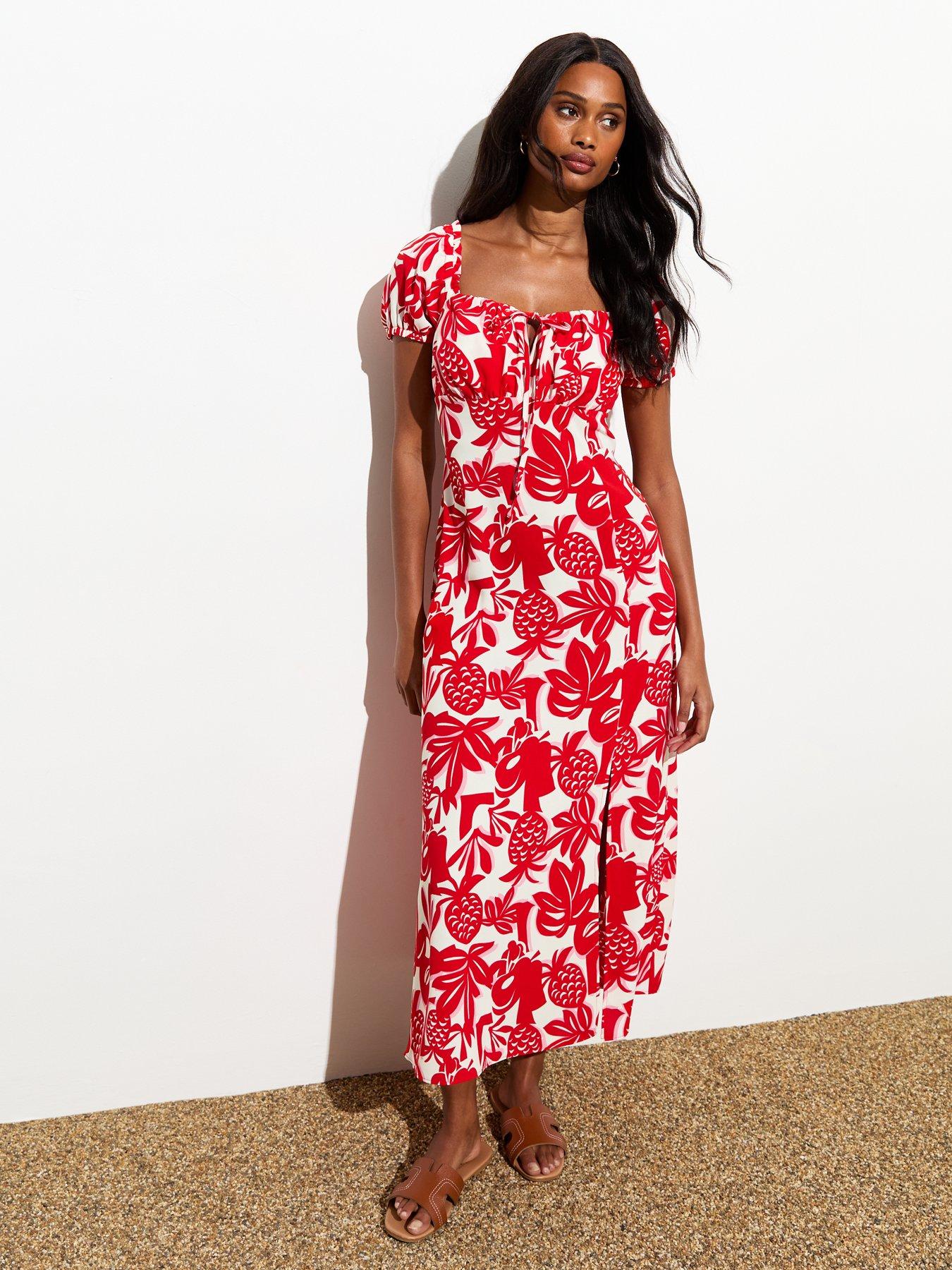 new-look-red-pineapple-print-slitted-frill-trim-midi-dress