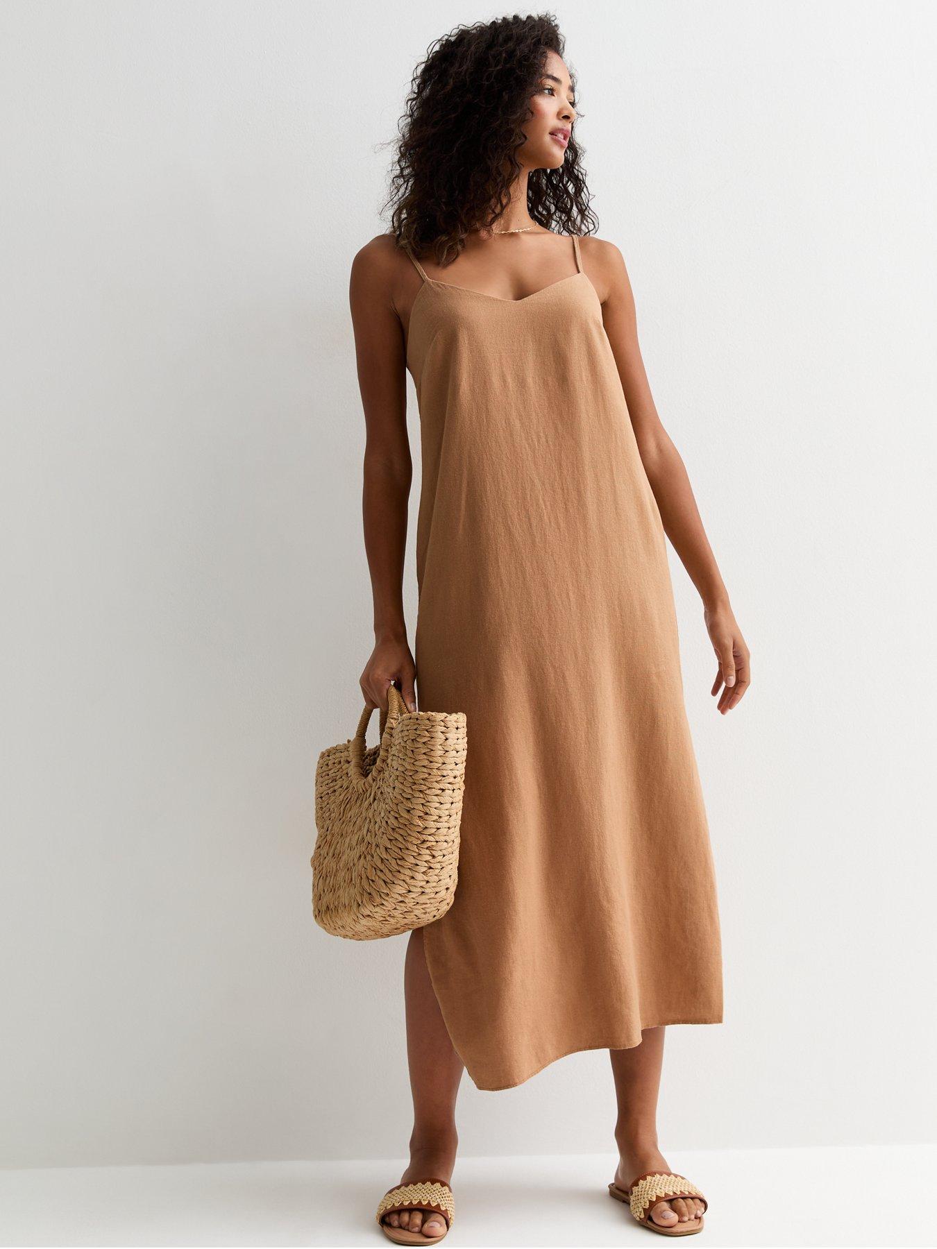 Camel Strappy Linen blend Slit Midi Dress