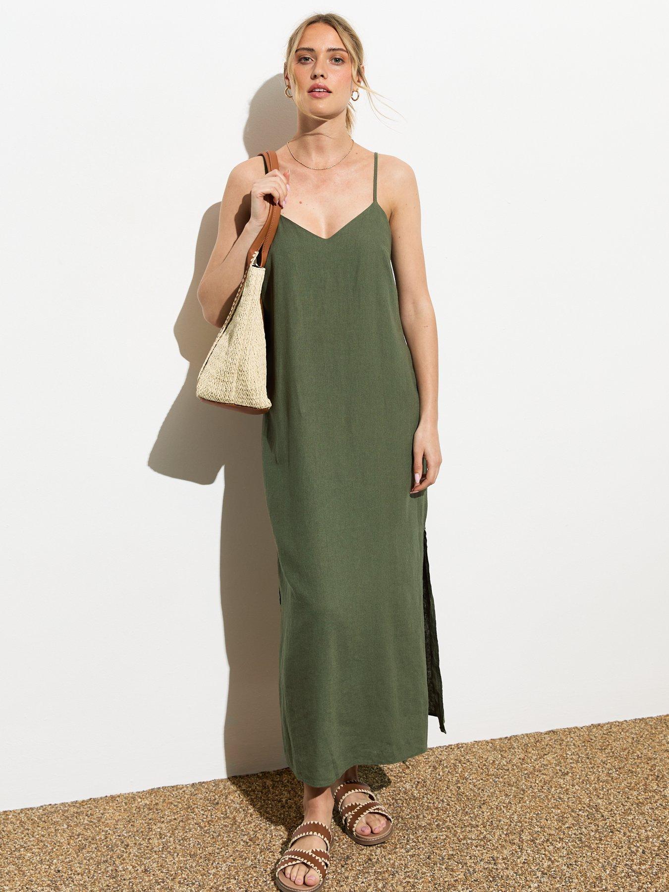 Linen khaki midi dress with suspender