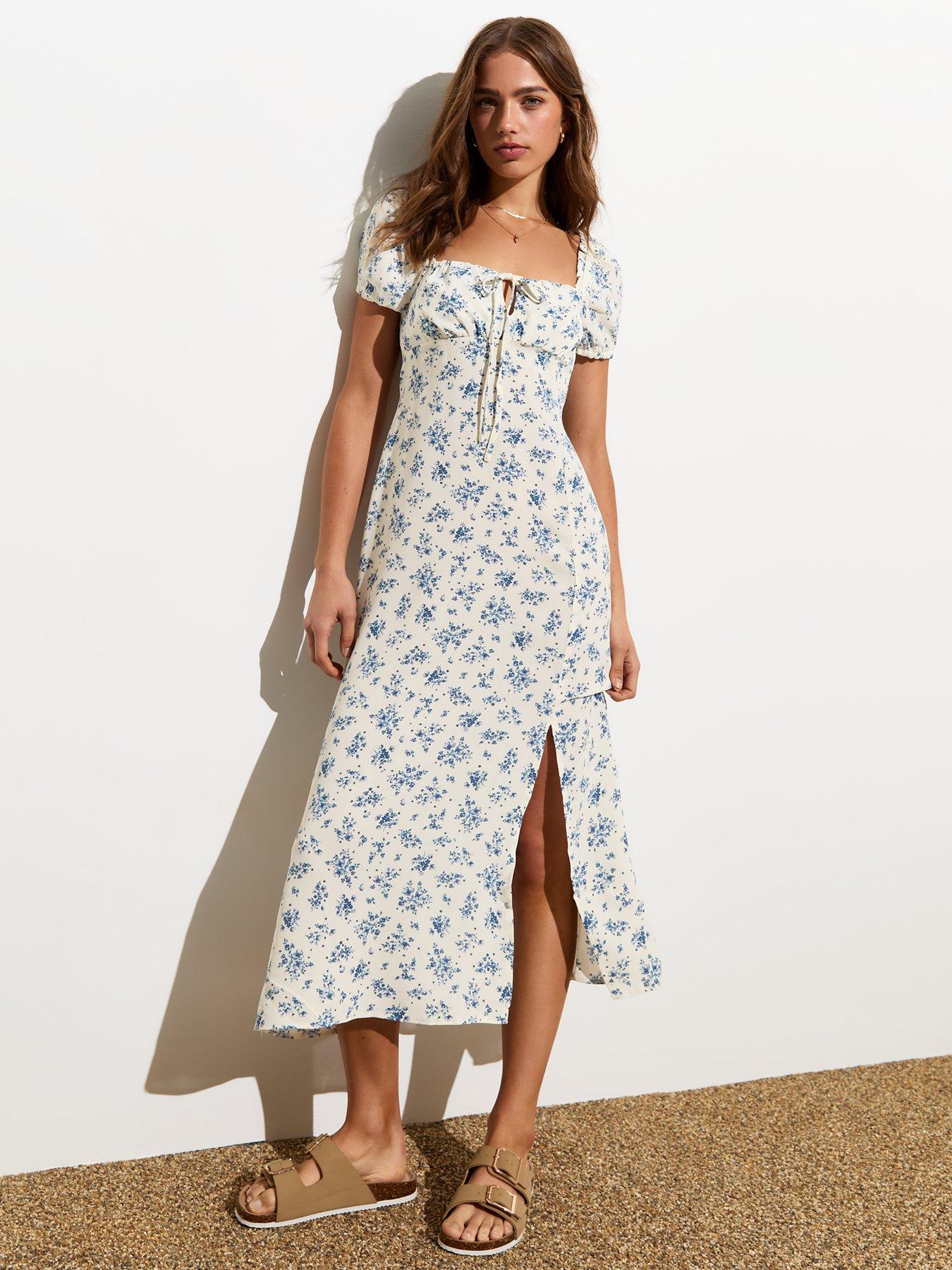 undefined White Floral Milkmaid Short Sleeve Midi Dress