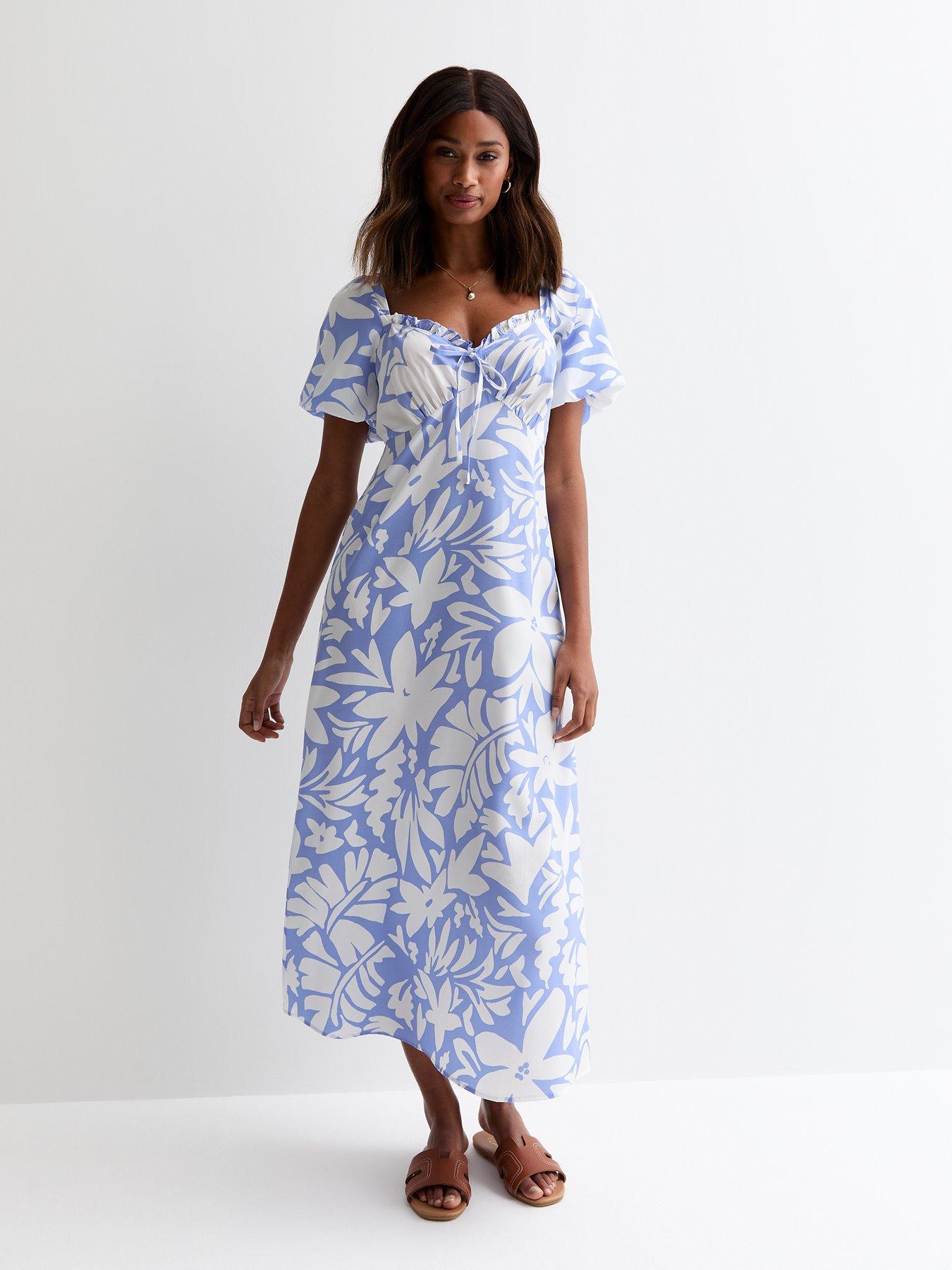 new look tropical leaf print milkmaid midi dress - blue
